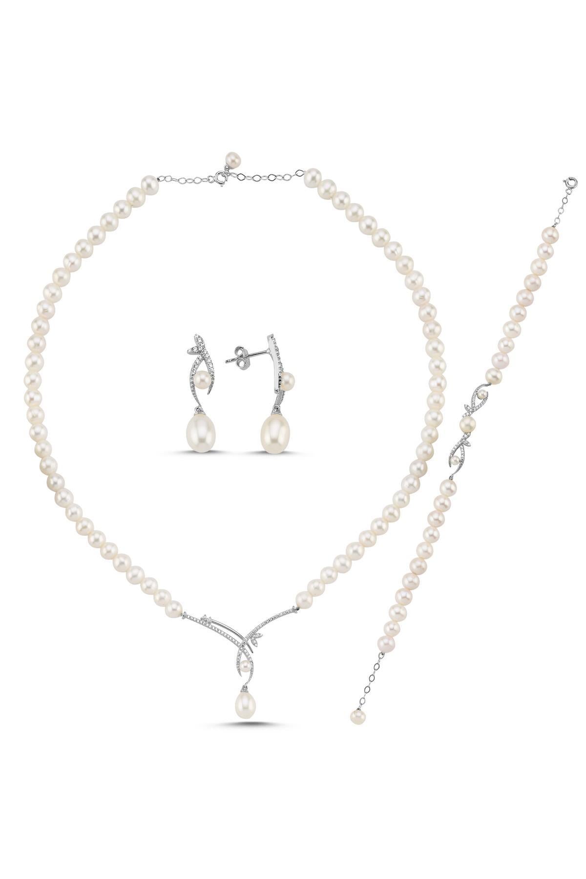 Yaprak Taşlı Doğal İncili Küpe Kolye Bileklik Üçlü Set