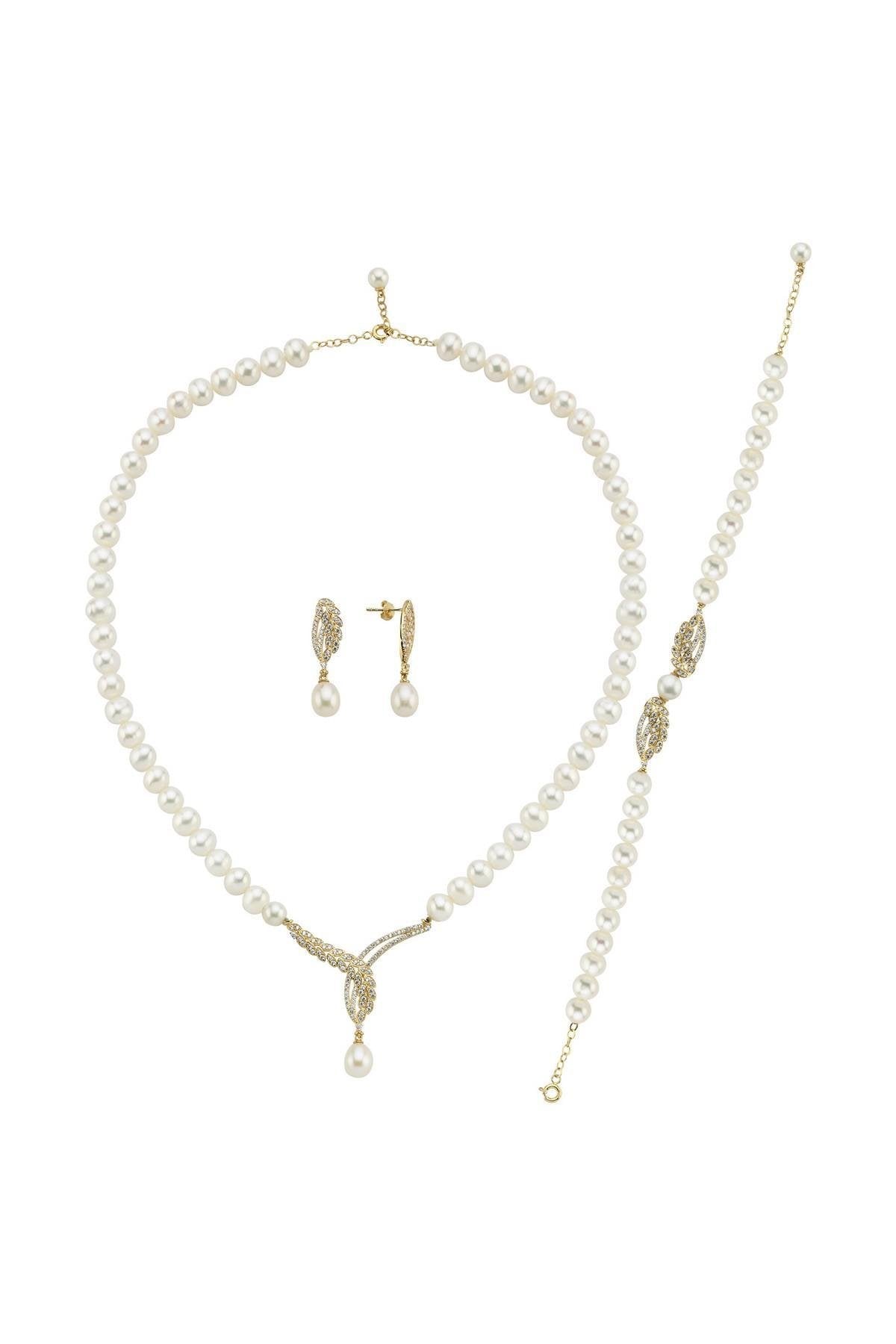 Yaprak Taşlı Doğal İnci Küpe Kolye Bileklik Üçlü Set