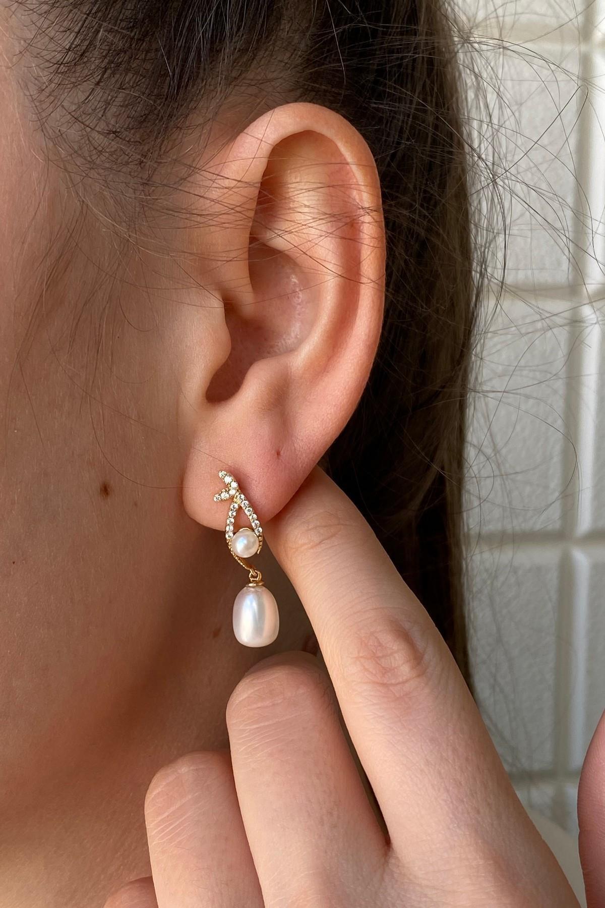 Yaprak Taşlı Doğal İncili Küpe Kolye Bileklik Üçlü Set