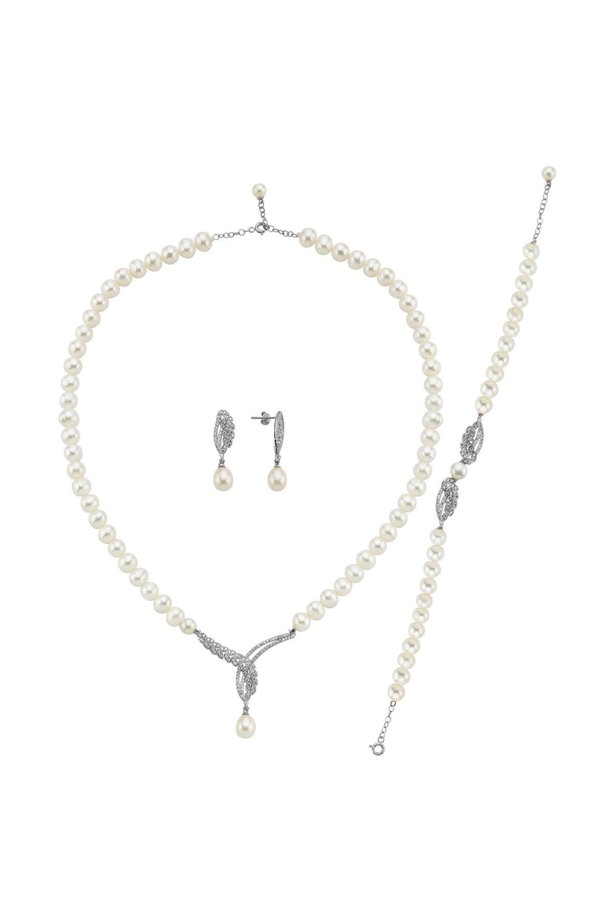 Yaprak Taşlı Doğal İnci Küpe Kolye Bileklik Üçlü Set