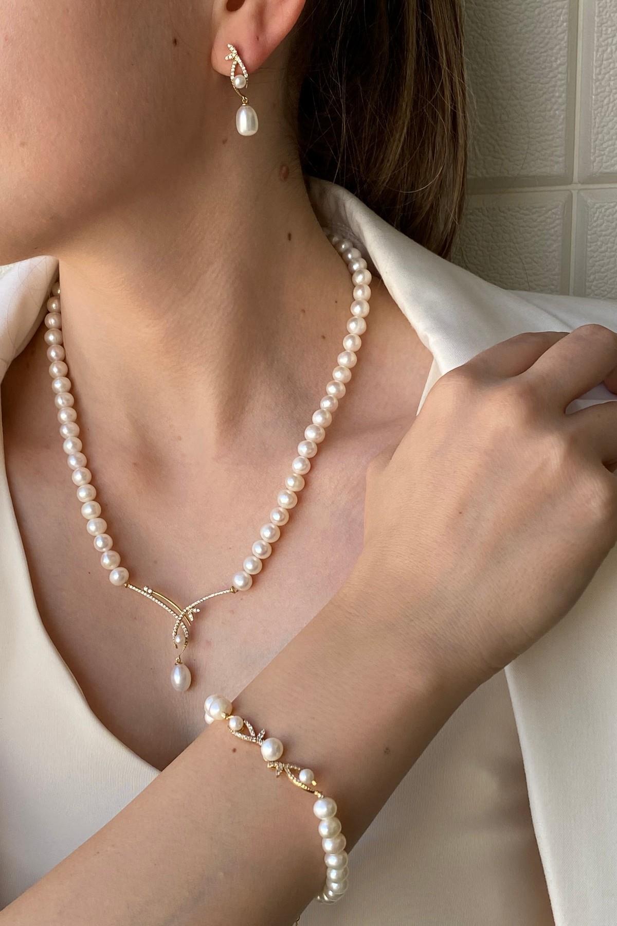 Yaprak Taşlı Doğal İncili Küpe Kolye Bileklik Üçlü Set