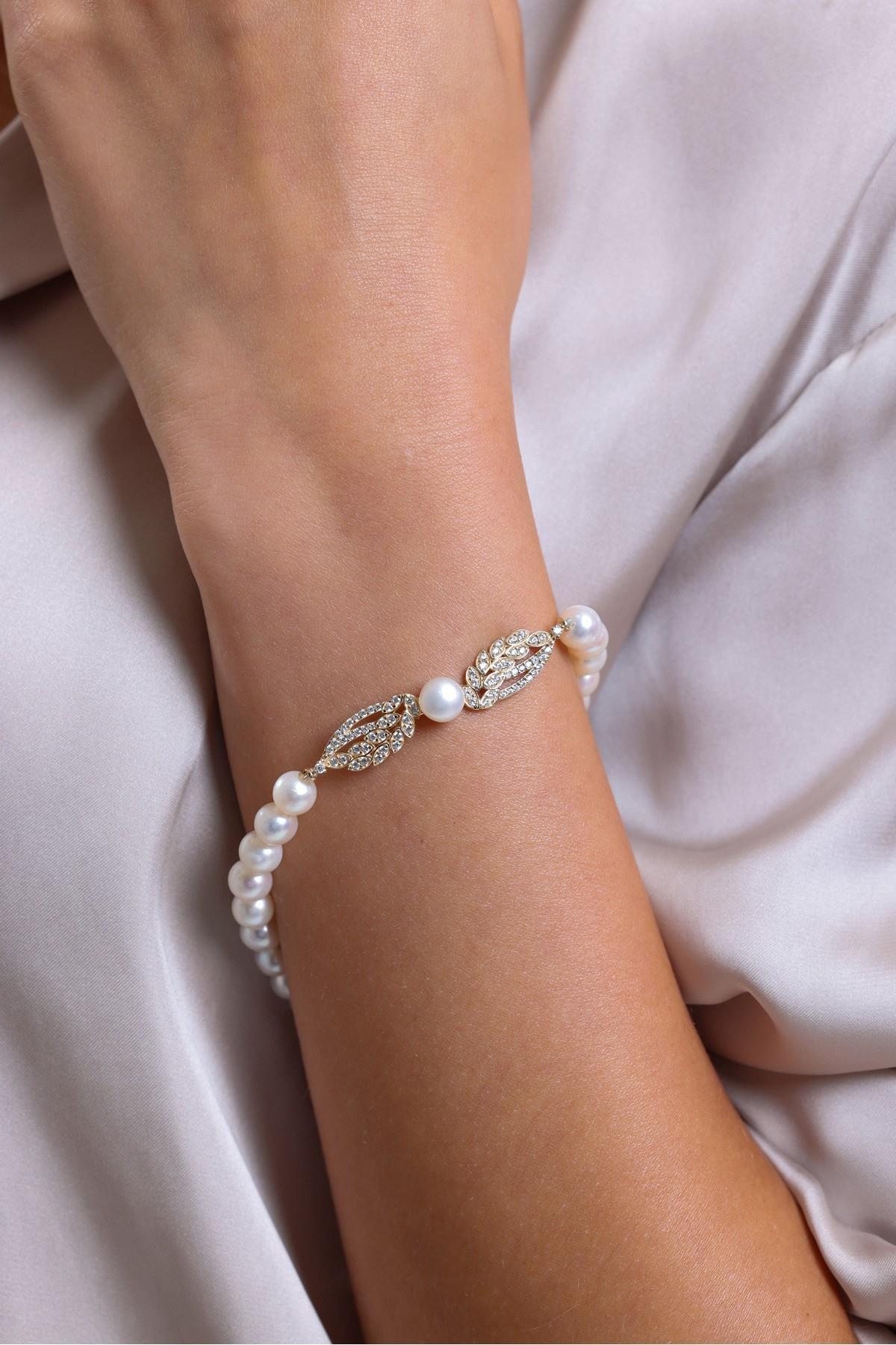 Yaprak Taşlı Doğal İnci Küpe Kolye Bileklik Üçlü Set