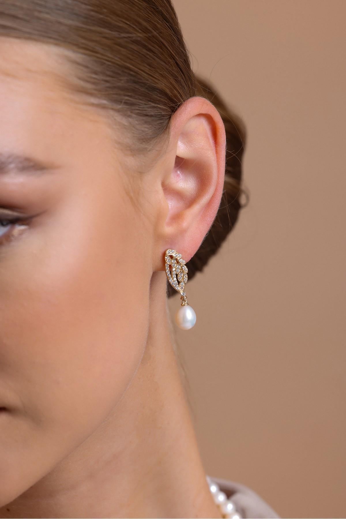 Yaprak Taşlı Doğal İnci Küpe Kolye Bileklik Üçlü Set