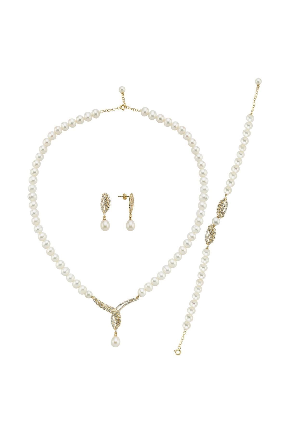 Yaprak Taşlı Doğal İnci Küpe Kolye Bileklik Üçlü Set