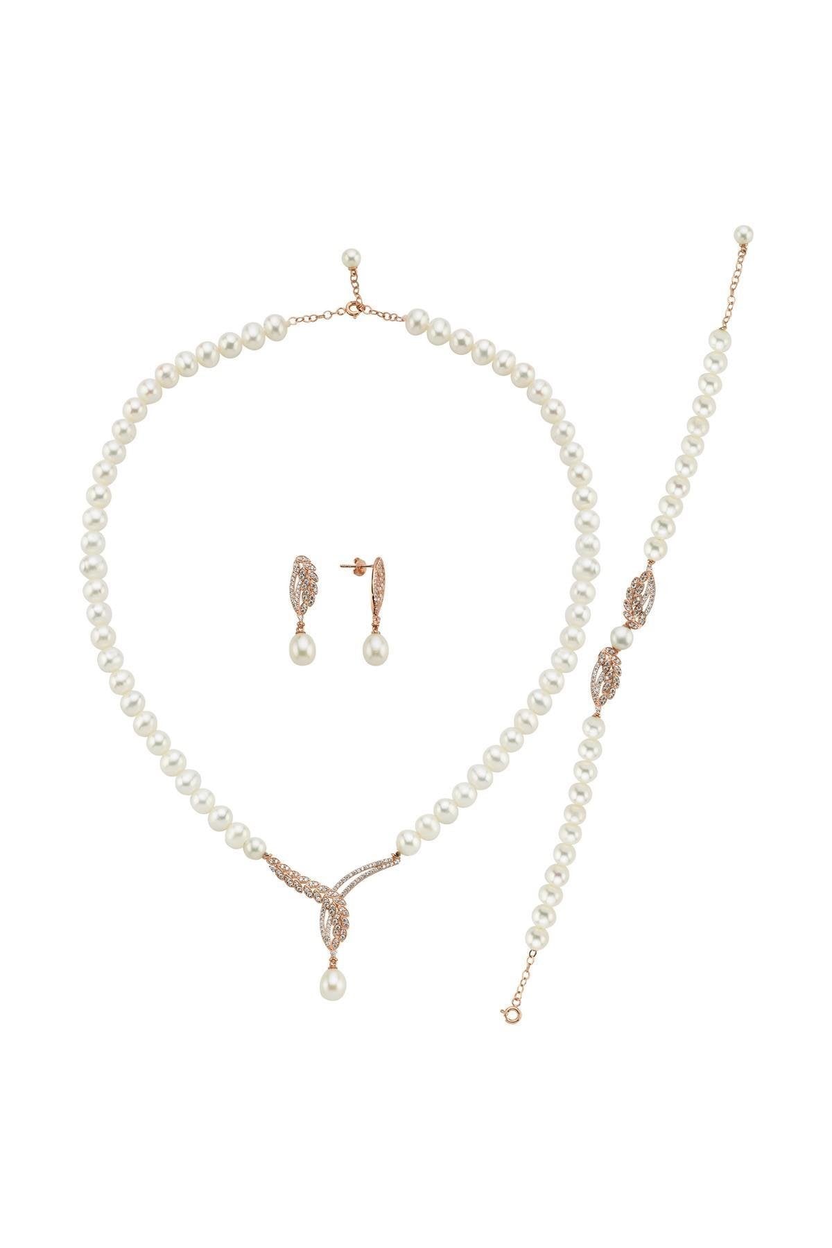 Yaprak Taşlı Doğal İnci Küpe Kolye Bileklik Üçlü Set