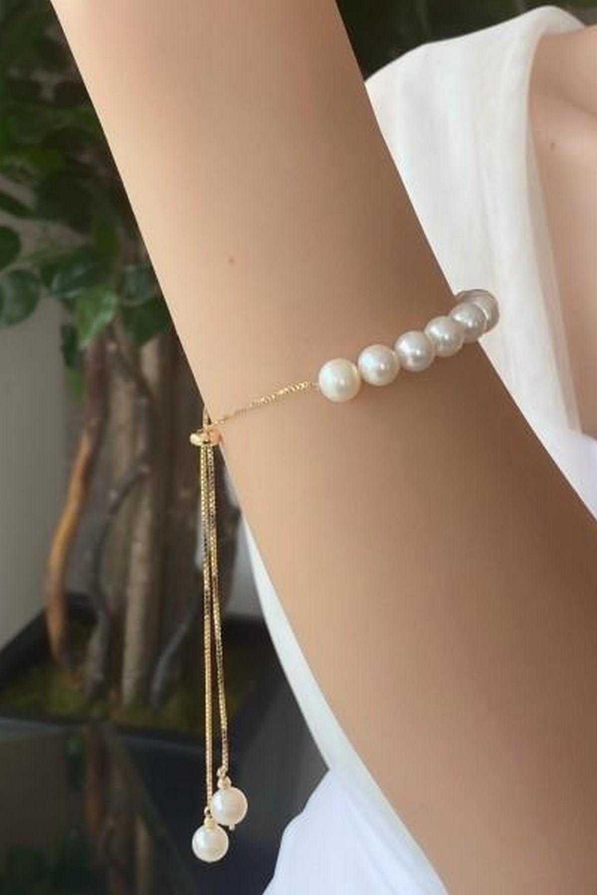 Asansör Zincirli Doğal İnci Kolye Bileklik İkili Set