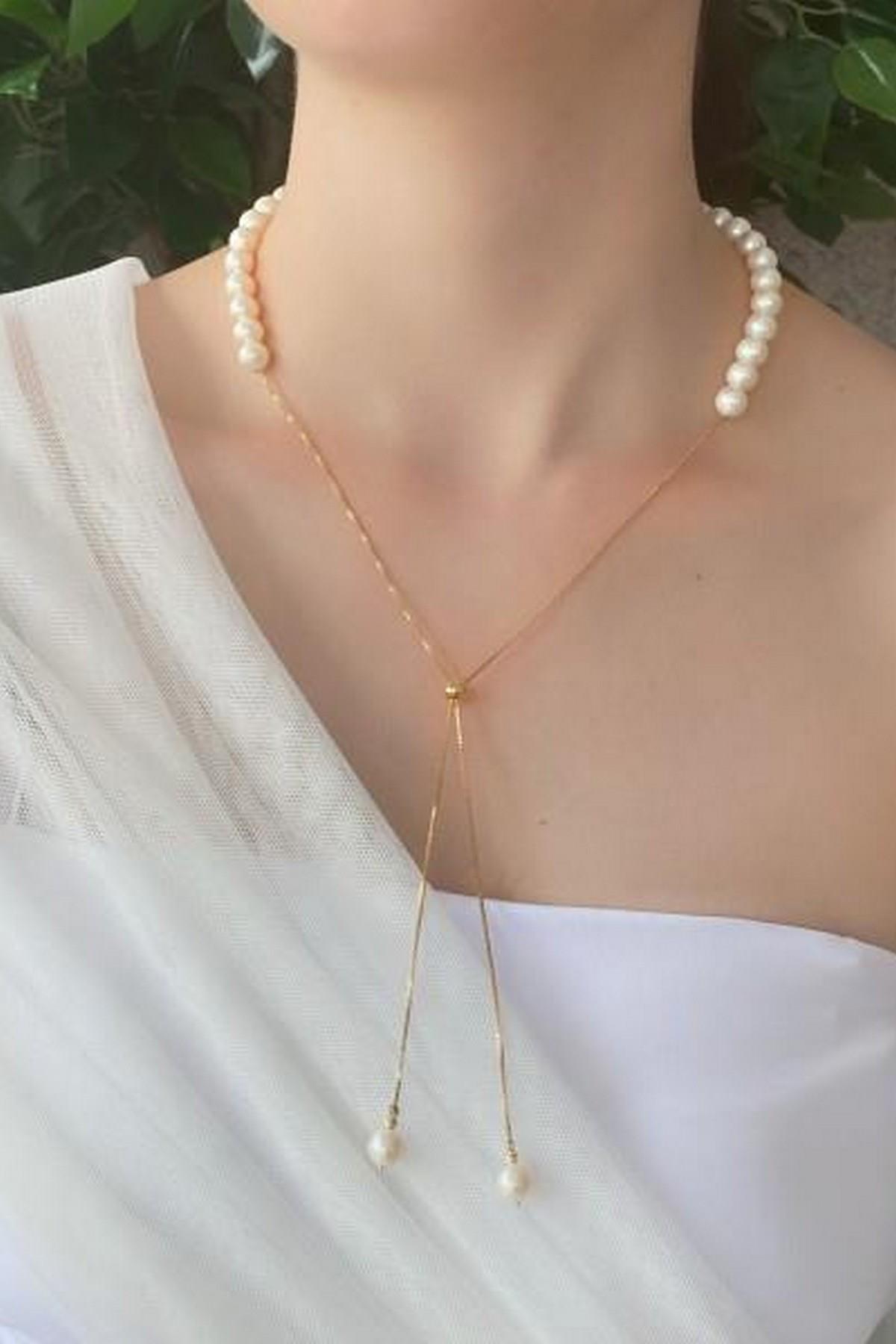 Asansör Zincirli Doğal İnci Kolye Bileklik İkili Set