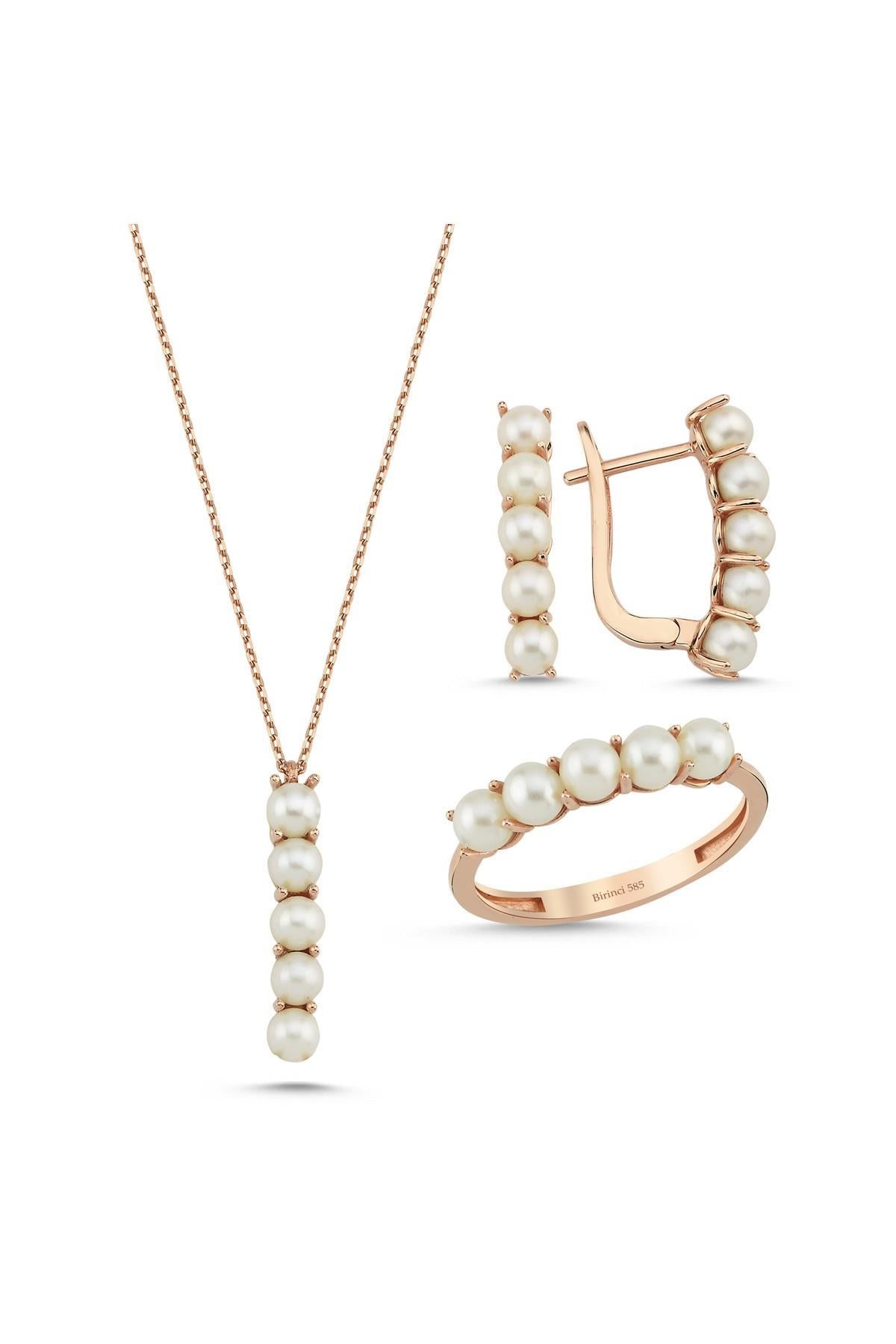 Beş Doğal İncili Küpe Kolye Yüzük Üçlü Set