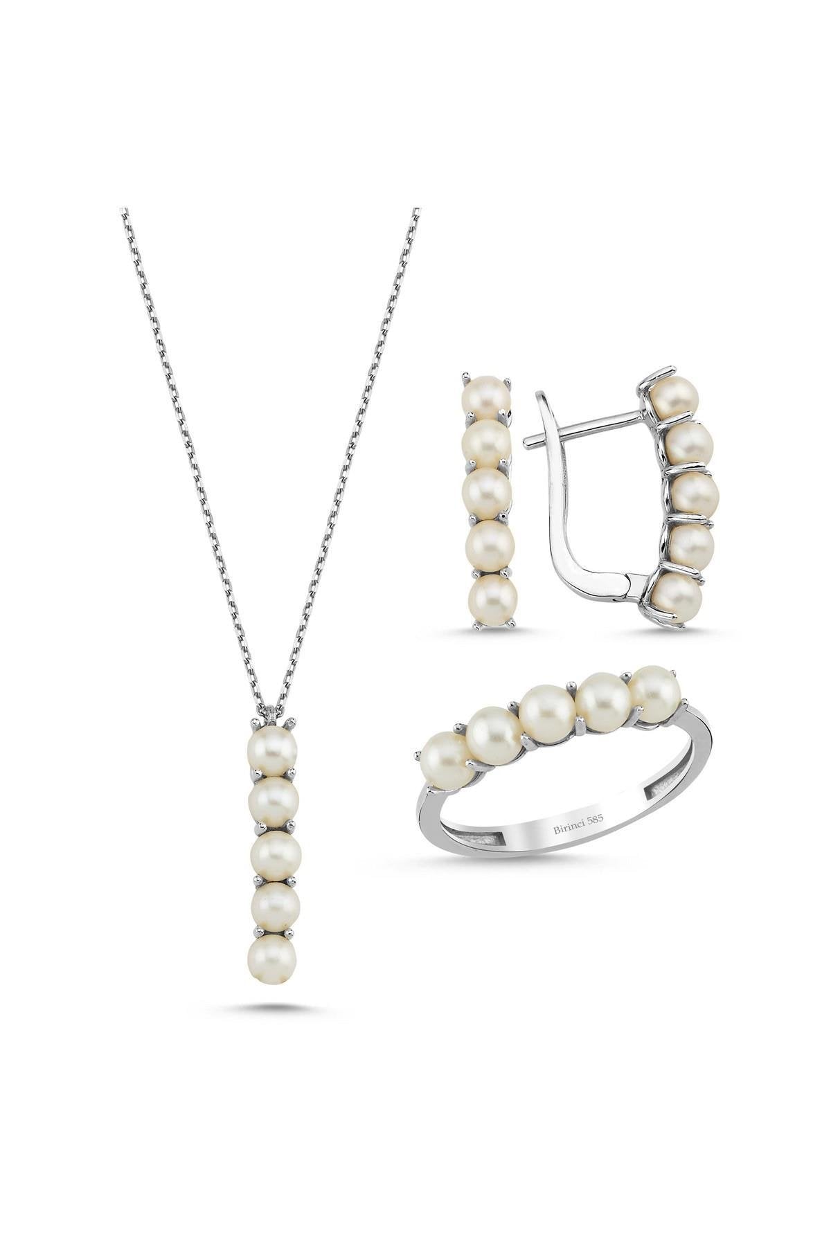 Beş Doğal İncili Küpe Kolye Yüzük Üçlü Set