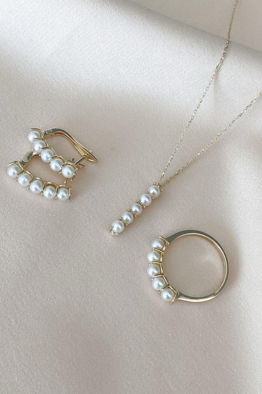 Beş Doğal İncili Küpe Kolye Yüzük Üçlü Set