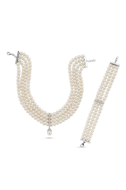 Choker Zirkon Taşlı Doğal İnci Kolye Bileklik İkili Set