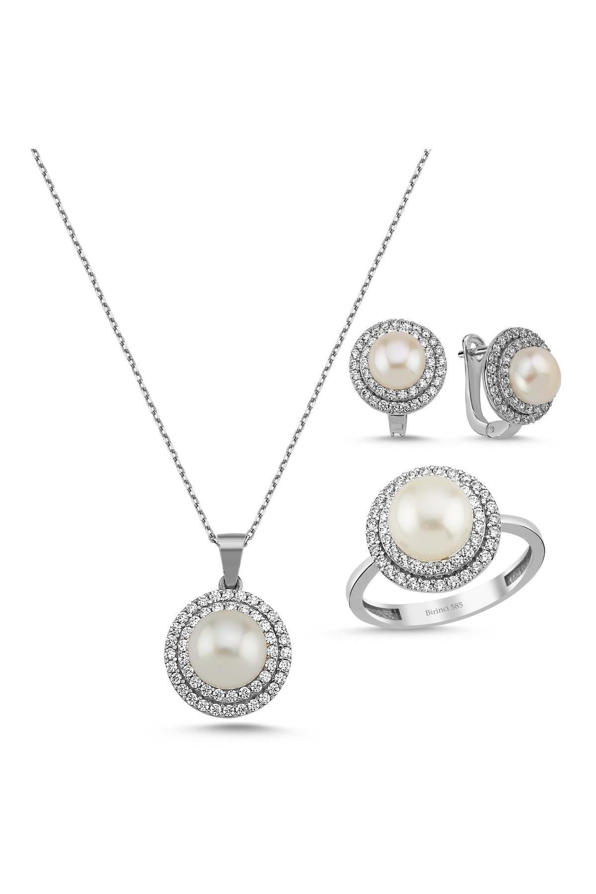 Doğal İnci Taşlı Küpe Kolye Yüzük Üçlü Set