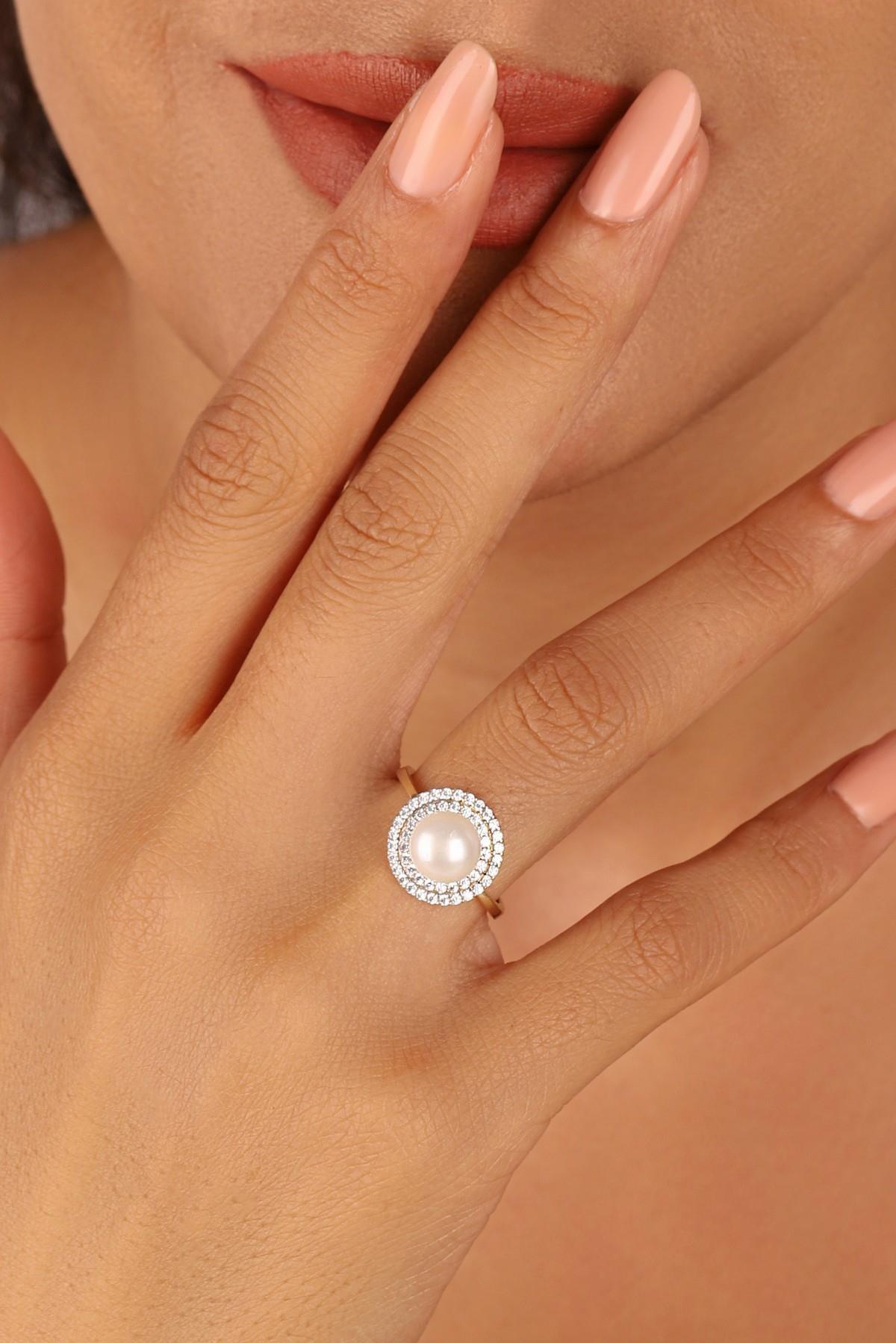 Doğal İnci Taşlı Küpe Kolye Yüzük Üçlü Set