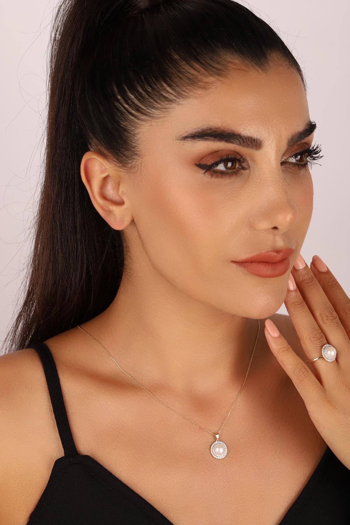 Doğal İnci Taşlı Küpe Kolye Yüzük Üçlü Set