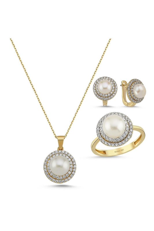 Doğal İnci Taşlı Küpe Kolye Yüzük Üçlü Set