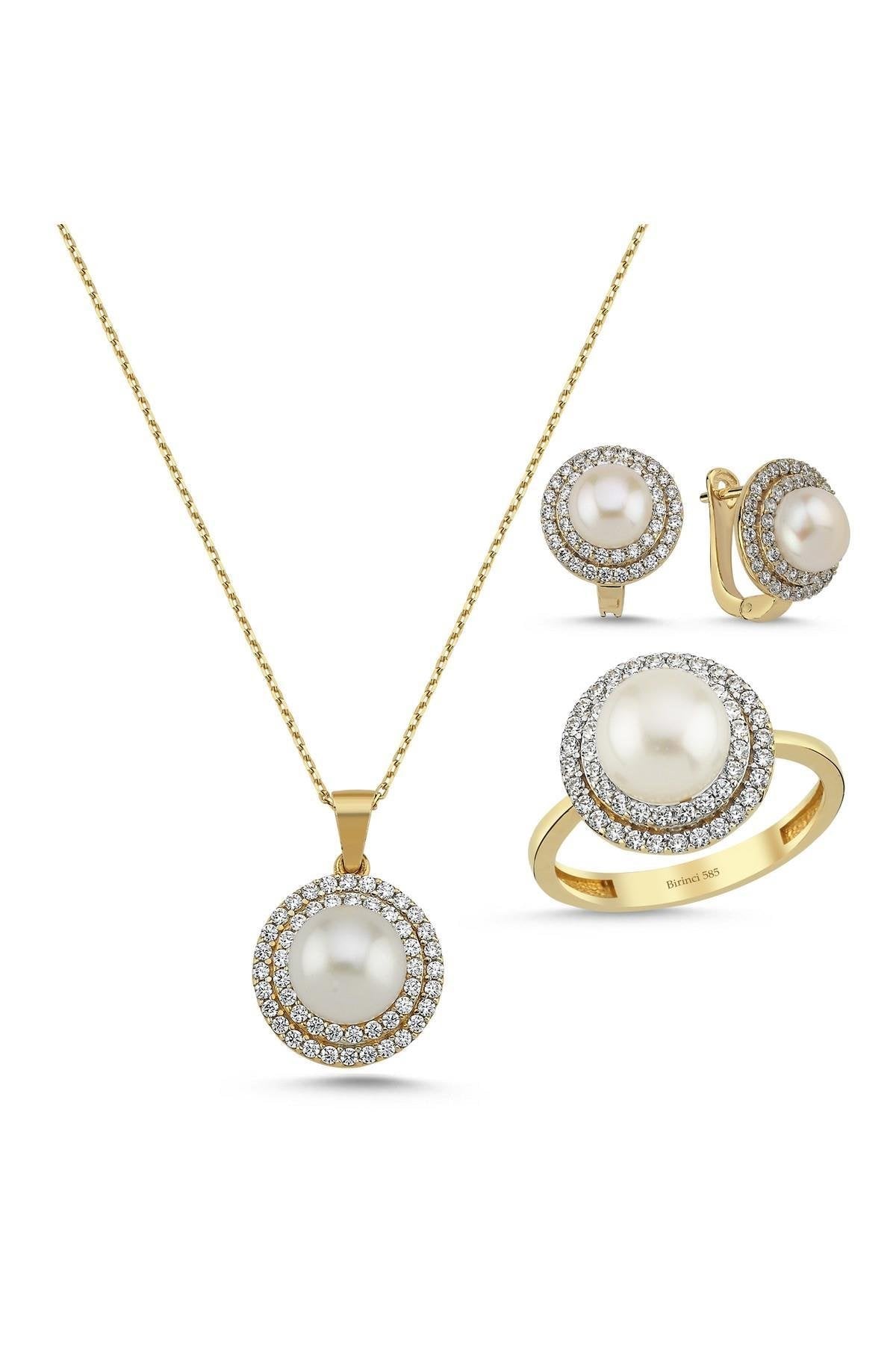 Doğal İnci Taşlı Küpe Kolye Yüzük Üçlü Set