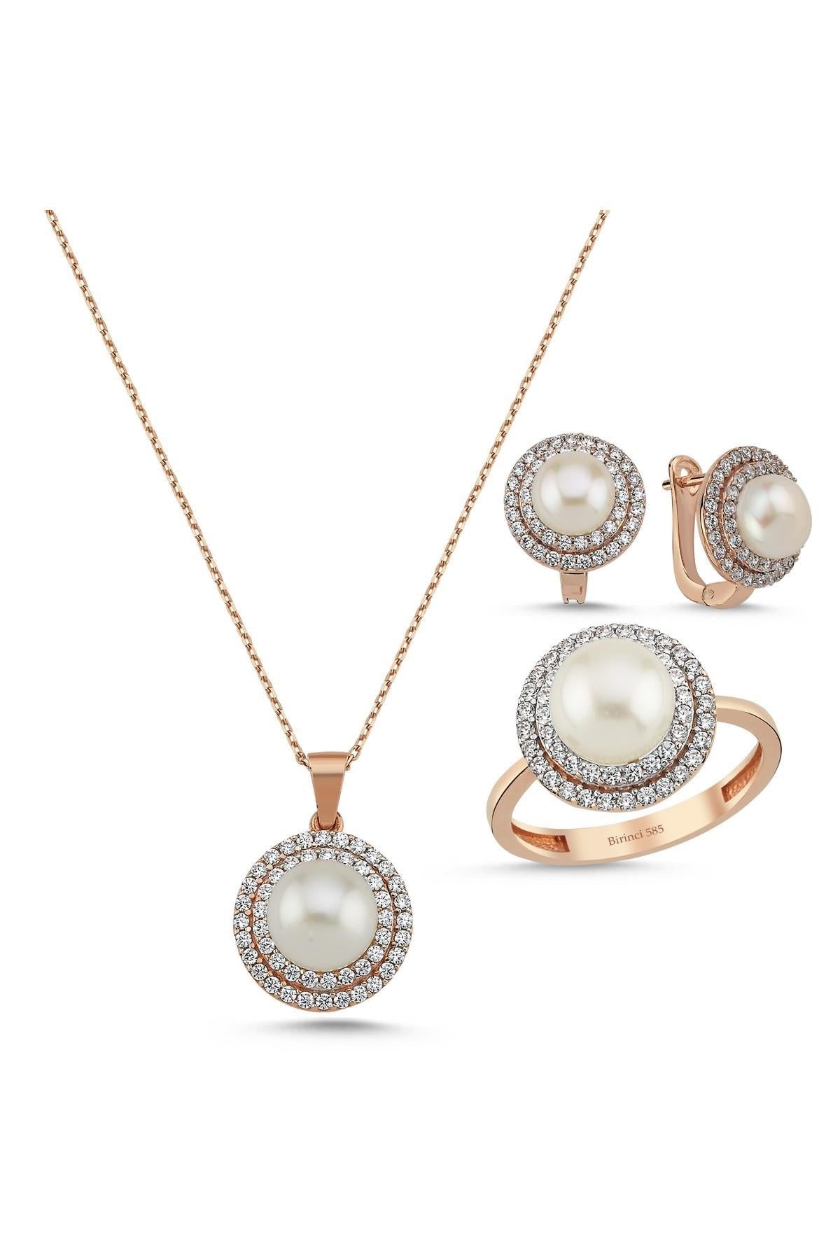 Doğal İnci Taşlı Küpe Kolye Yüzük Üçlü Set