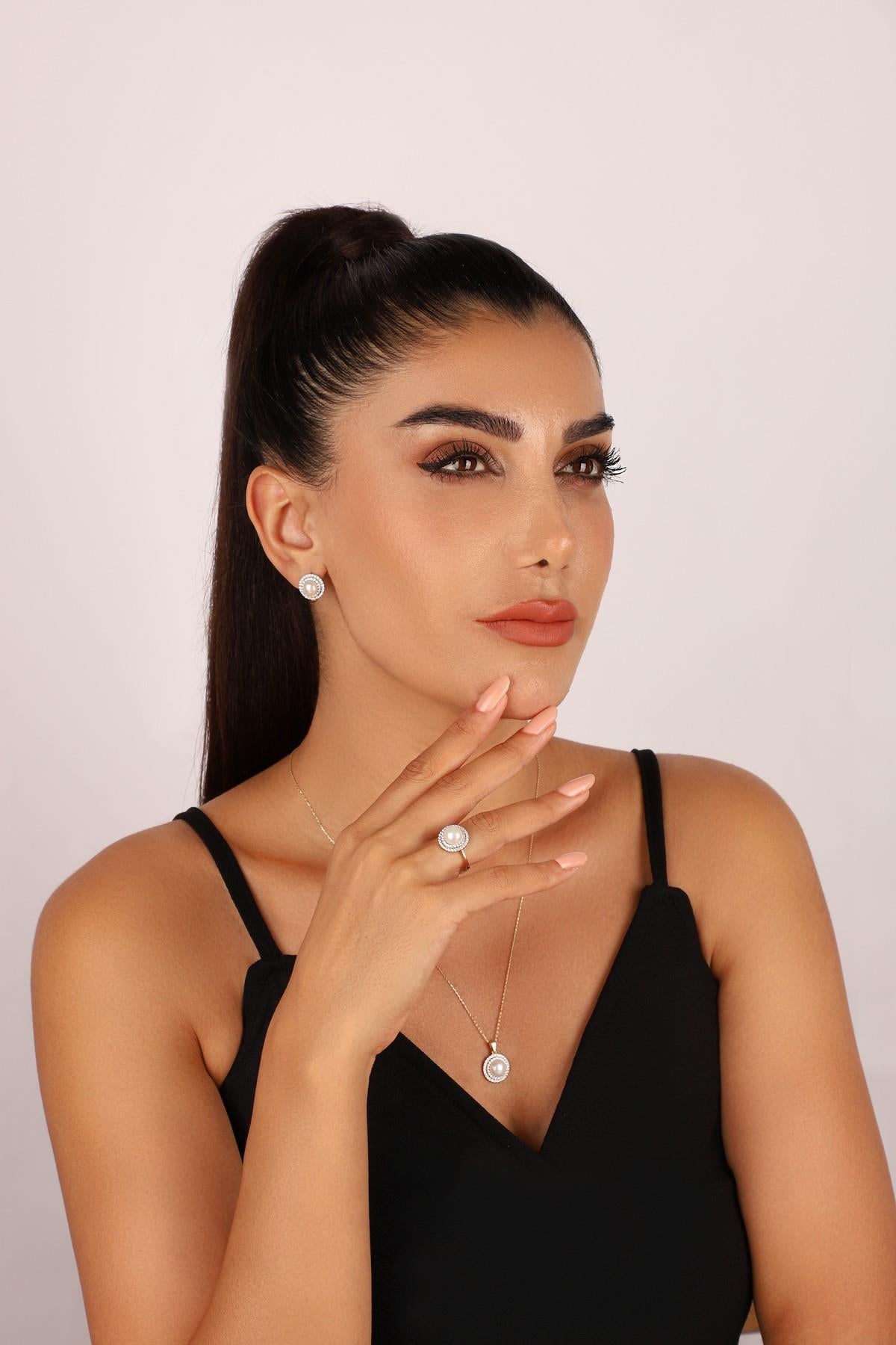 Doğal İnci Taşlı Küpe Kolye Yüzük Üçlü Set