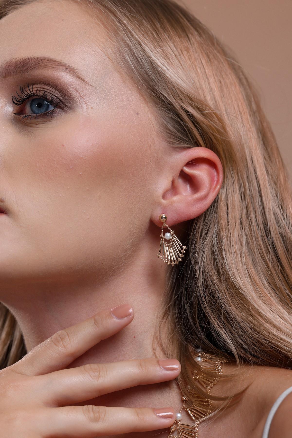 Doğal İncili Yelpaze Modeli Küpe Kolye Bileklik Üçlü Set