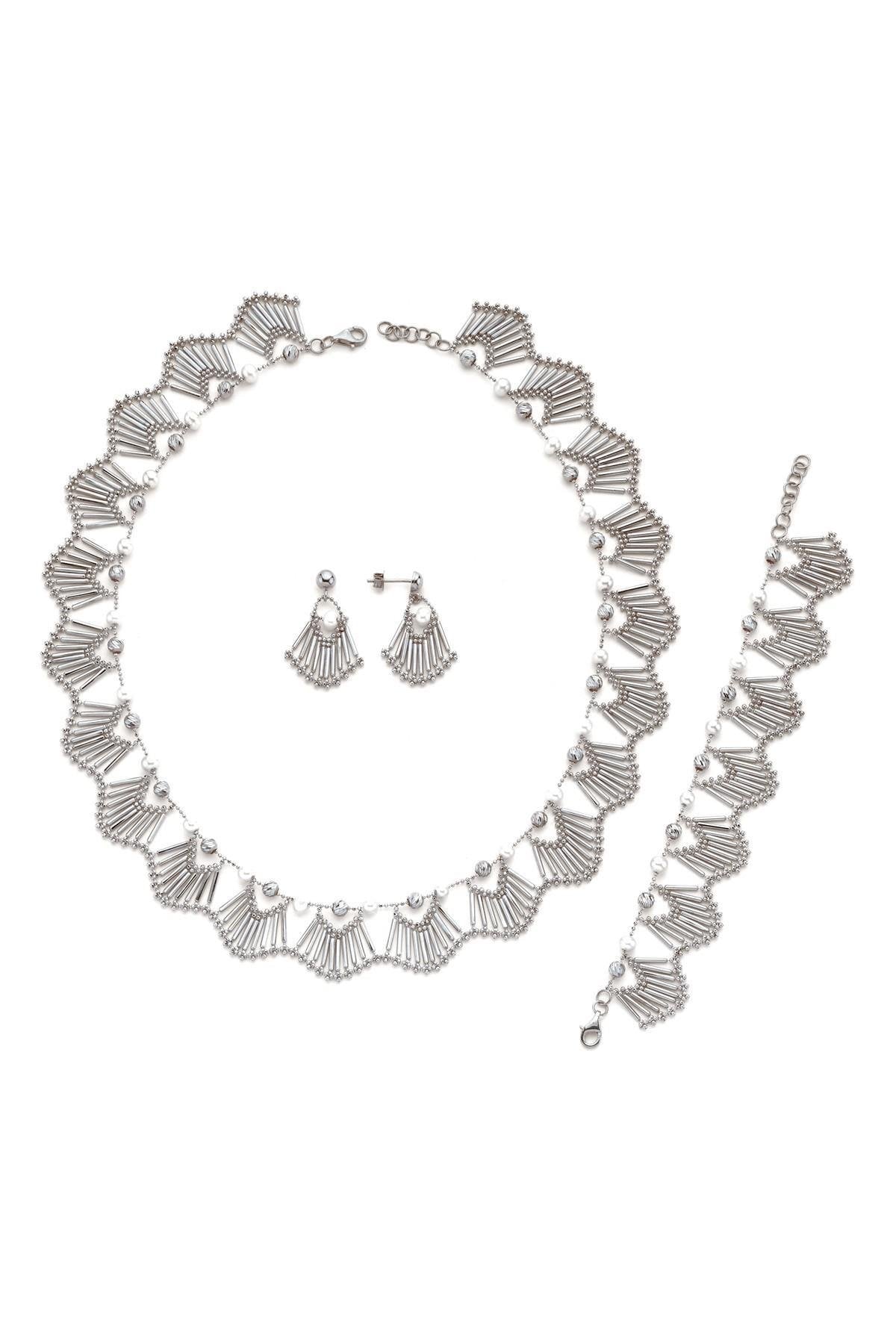 Doğal İncili Yelpaze Modeli Küpe Kolye Bileklik Üçlü Set