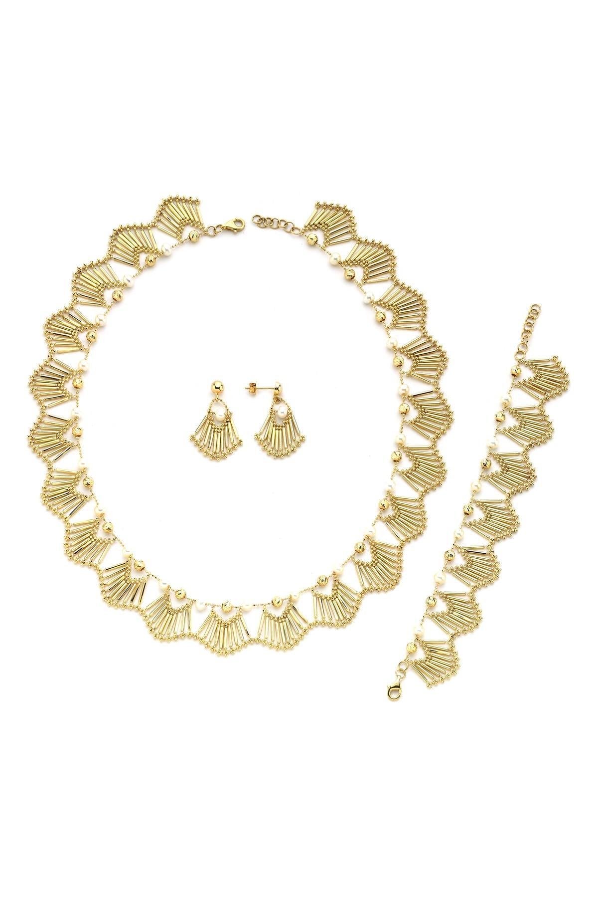 Doğal İncili Yelpaze Modeli Küpe Kolye Bileklik Üçlü Set