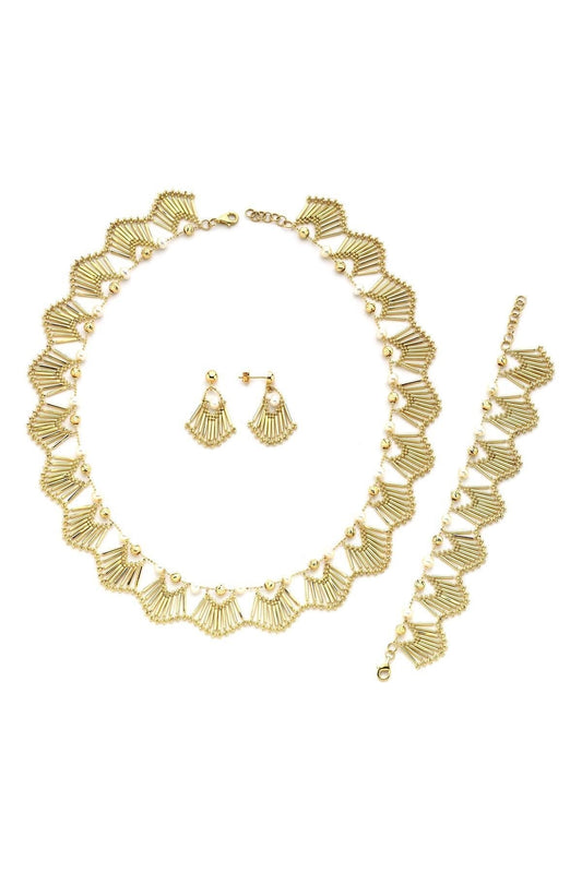 Doğal İncili Yelpaze Modeli Küpe Kolye Bileklik Üçlü Set