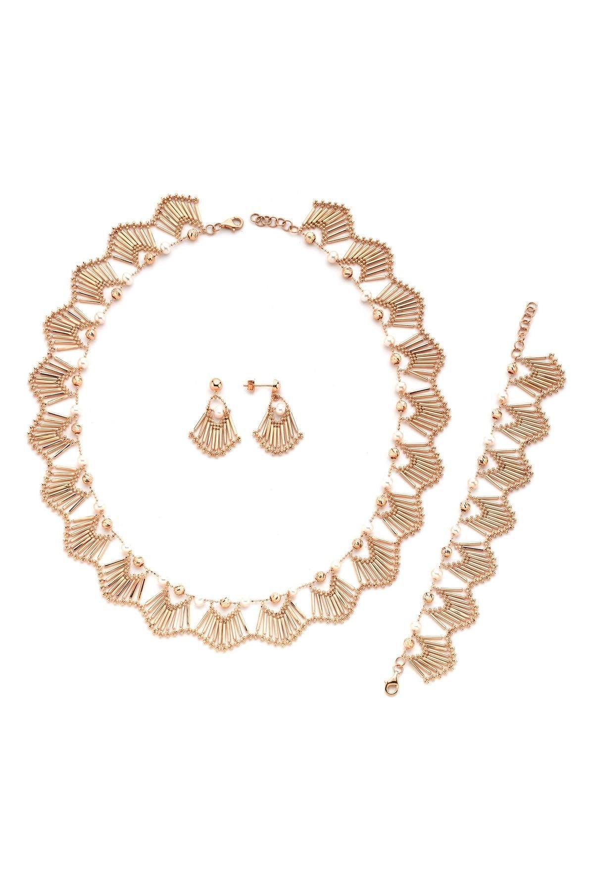 Doğal İncili Yelpaze Modeli Küpe Kolye Bileklik Üçlü Set