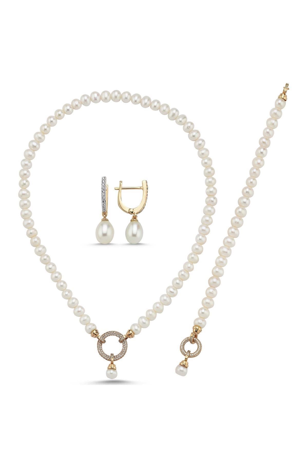 Halka Kilitli Doğal İnci Kolye Bileklik Küpe Üçlü Set