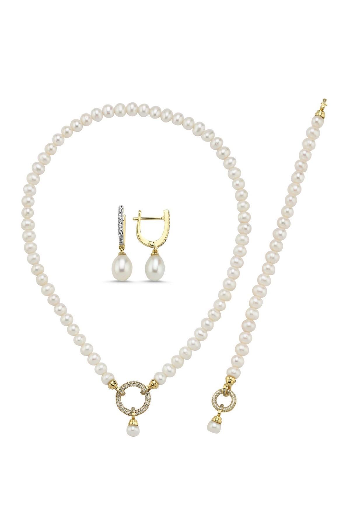 Halka Kilitli Doğal İnci Kolye Bileklik Küpe Üçlü Set