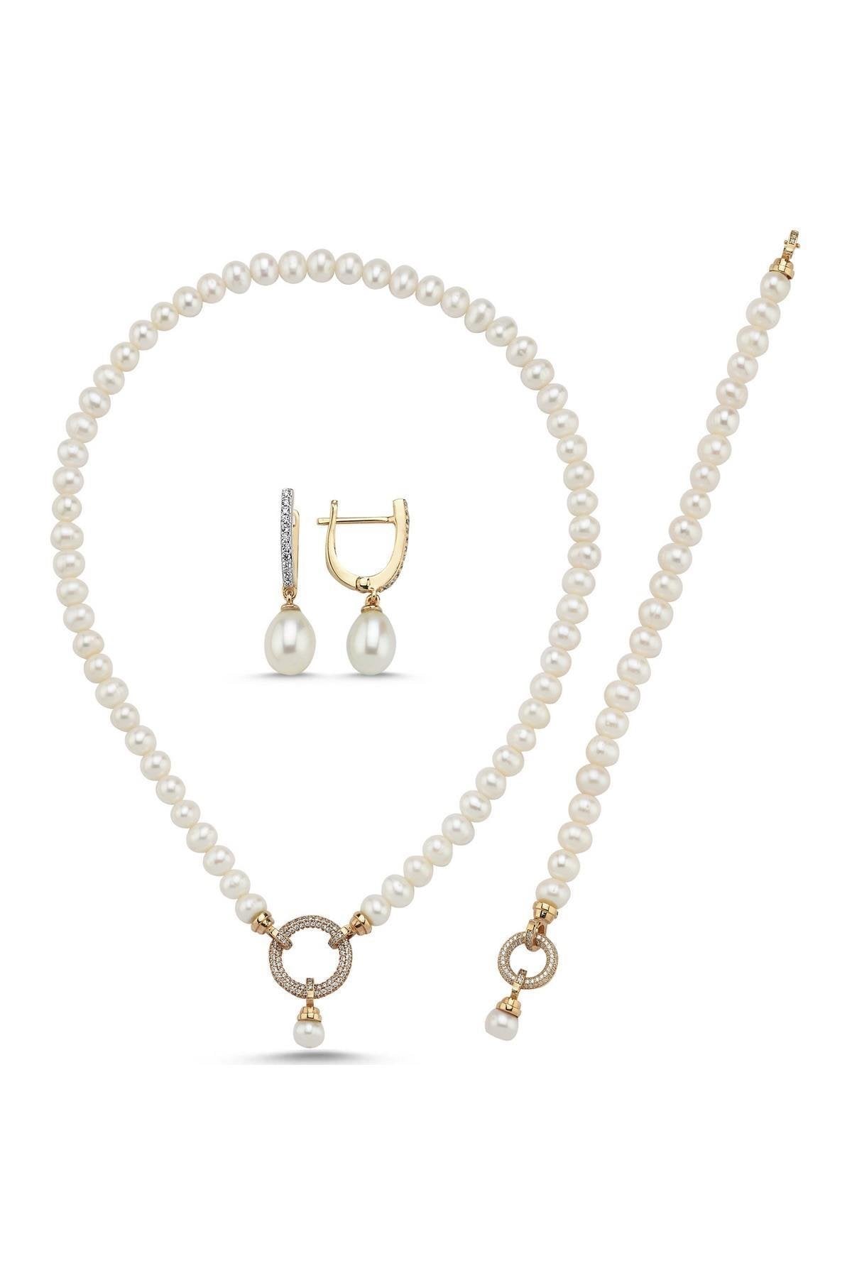 Halka Kilitli Doğal İnci Kolye Bileklik Küpe Üçlü Set