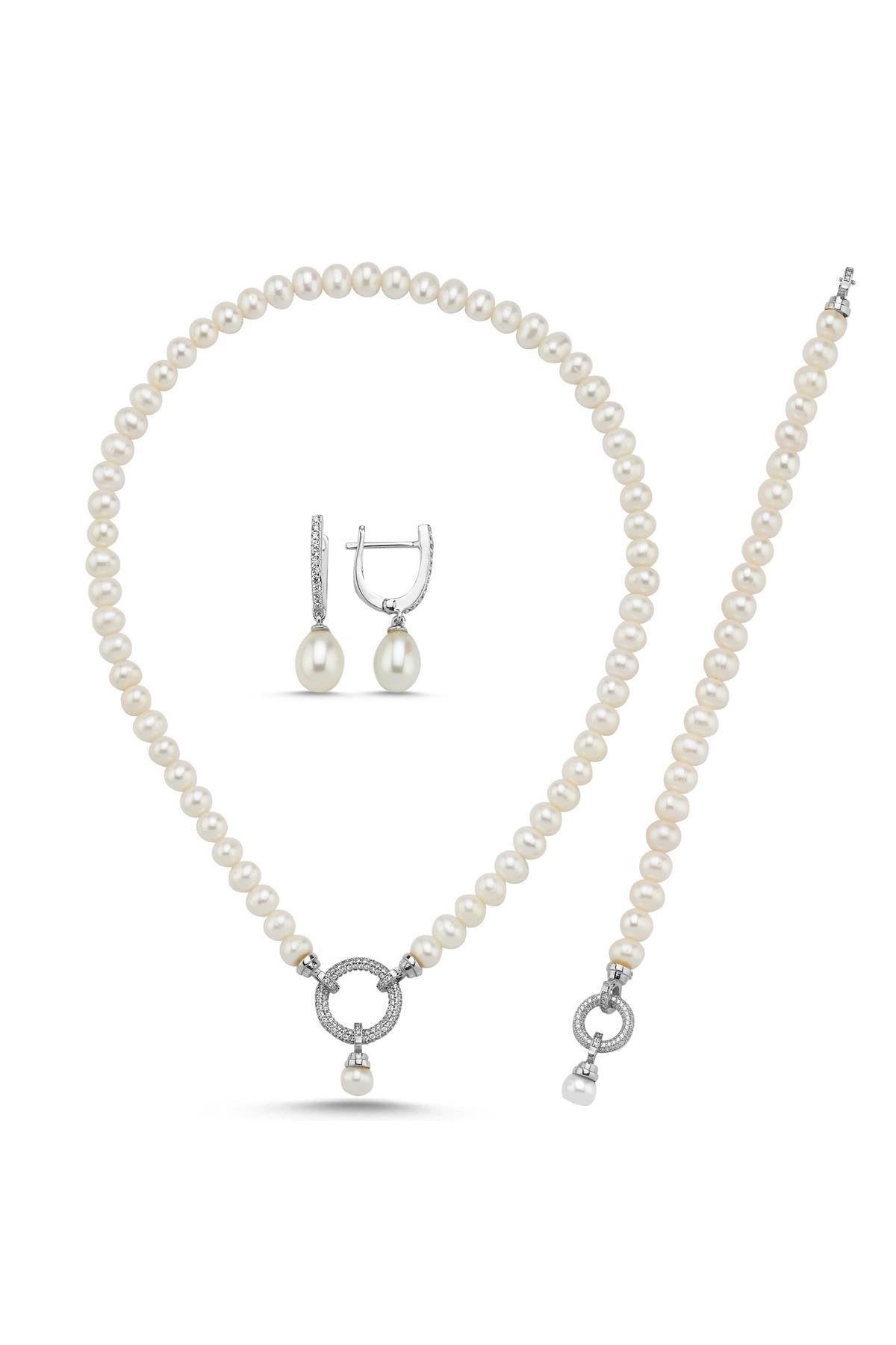 Halka Kilitli Doğal İnci Kolye Bileklik Küpe Üçlü Set