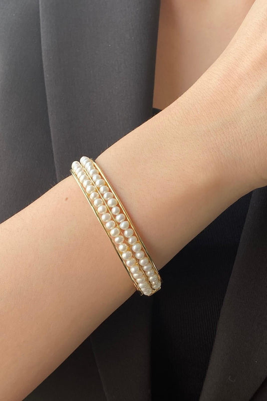 Çift Sıralı Doğal İncili Kelepçe Bileklik