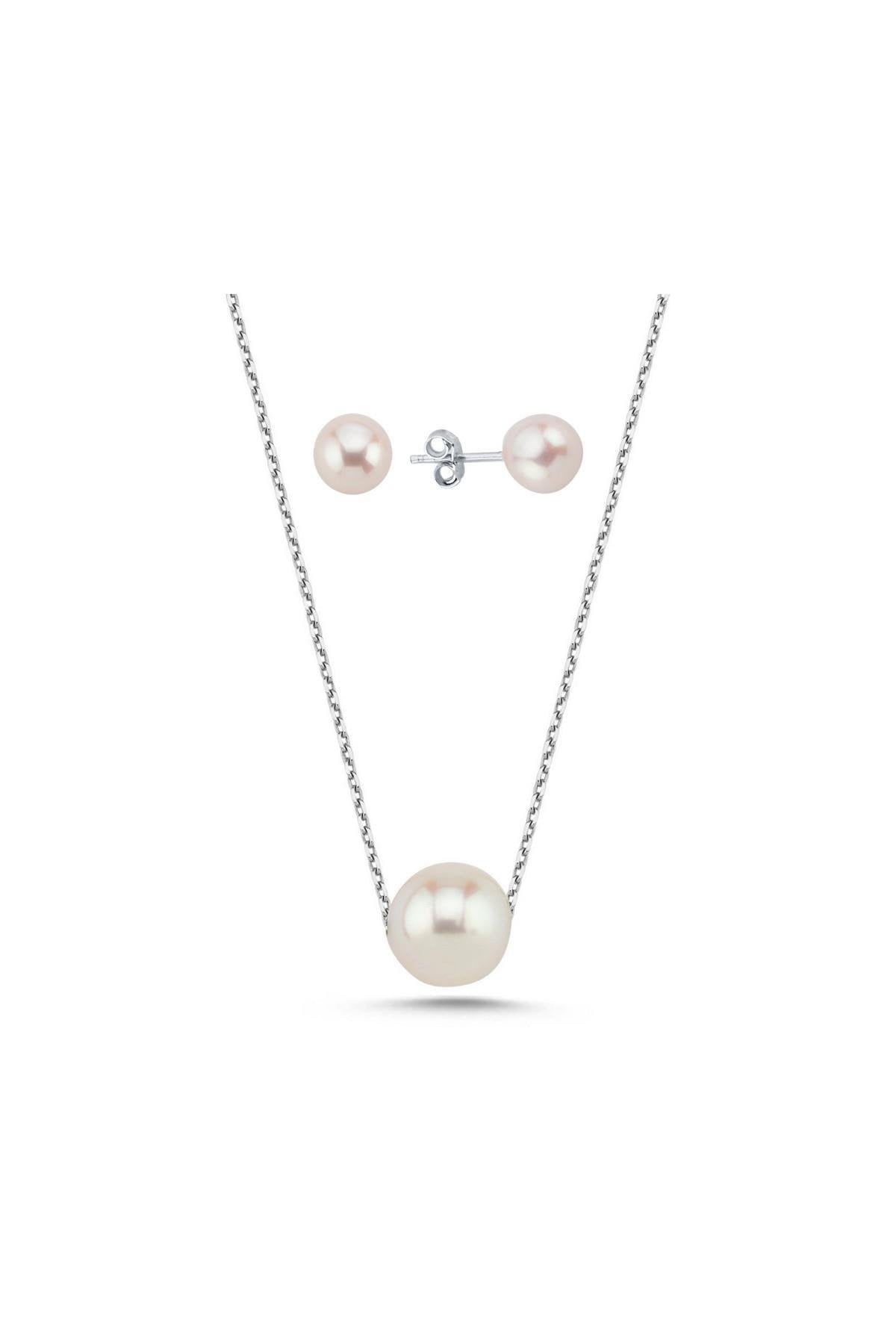 Tekli Doğal İnci Küpe Kolye İkili Set