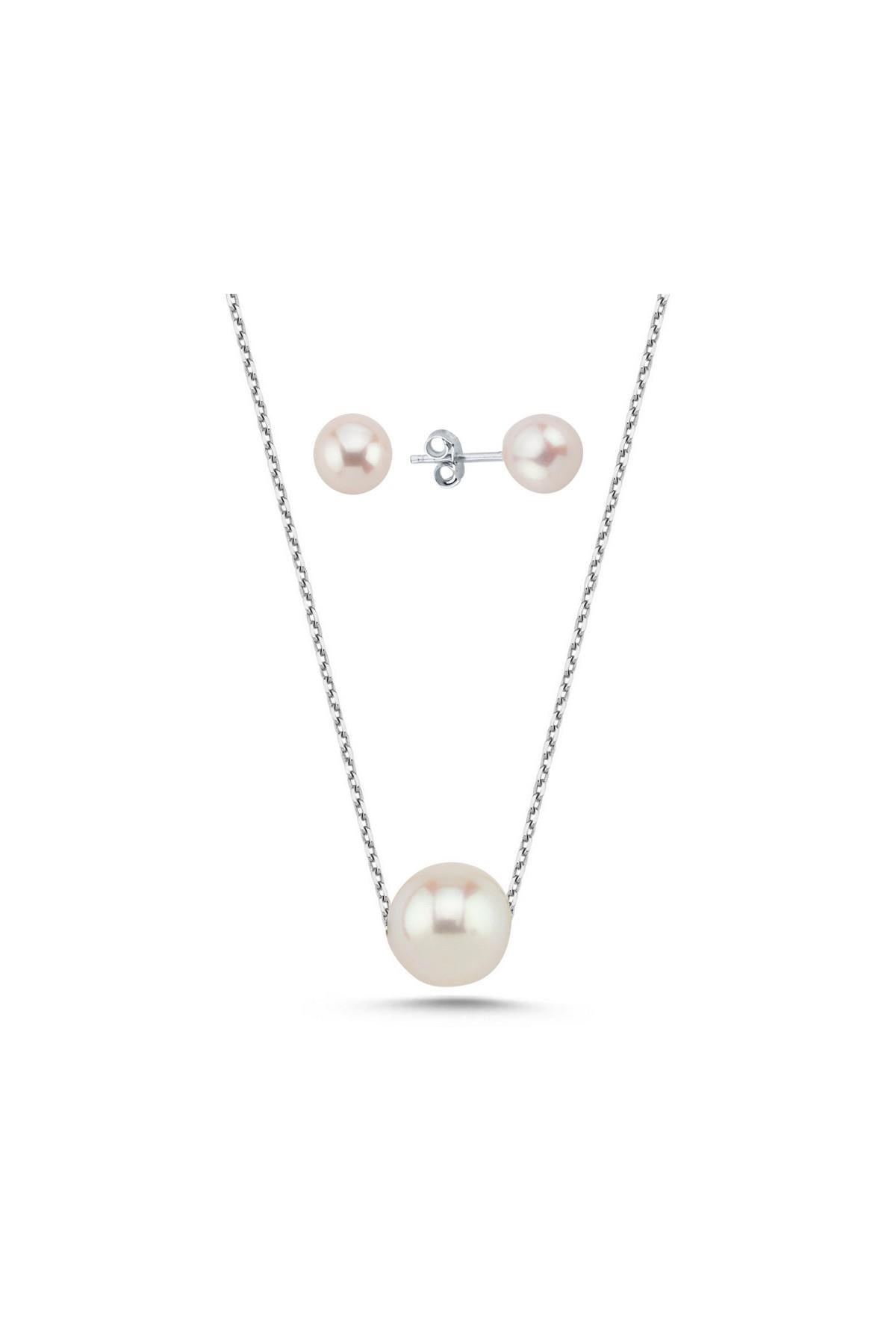 Tekli Doğal İnci Küpe Kolye İkili Set