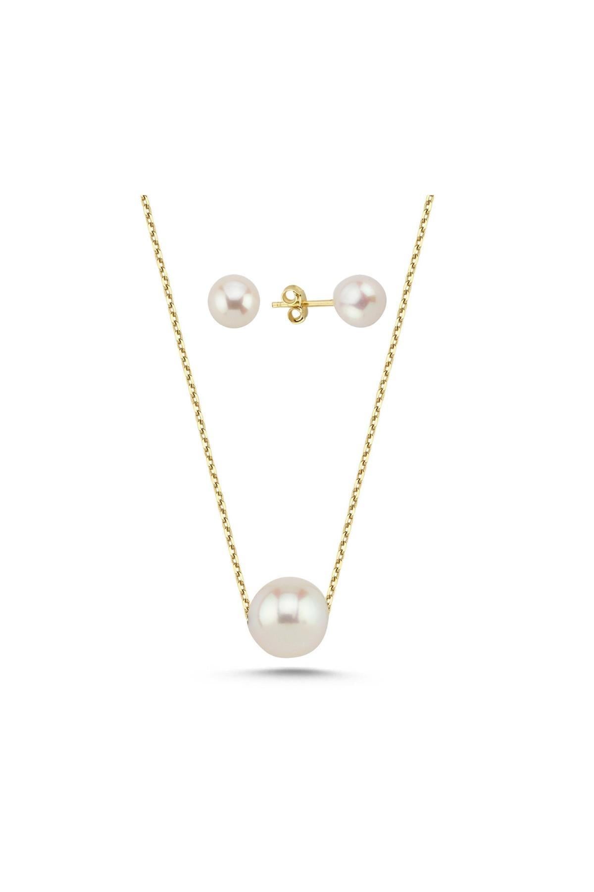 Tekli Doğal İnci Küpe Kolye İkili Set