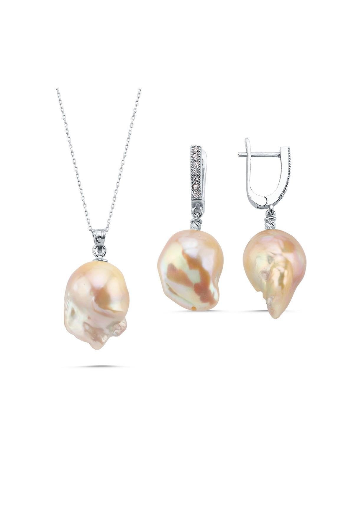 Şeftali Rengi Barok İnci Kolye Küpe İkili Set