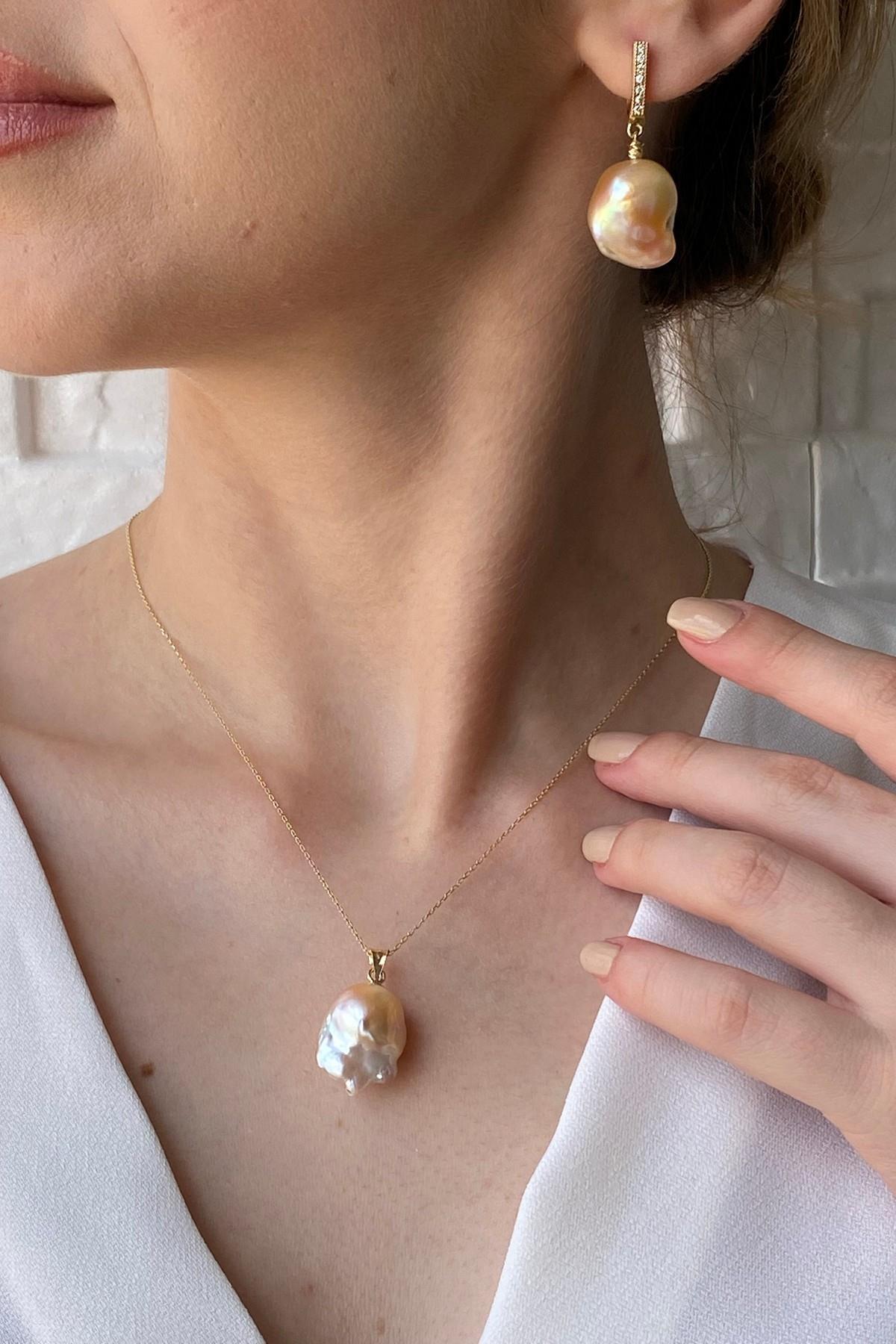 Şeftali Rengi Barok İnci Kolye Küpe İkili Set