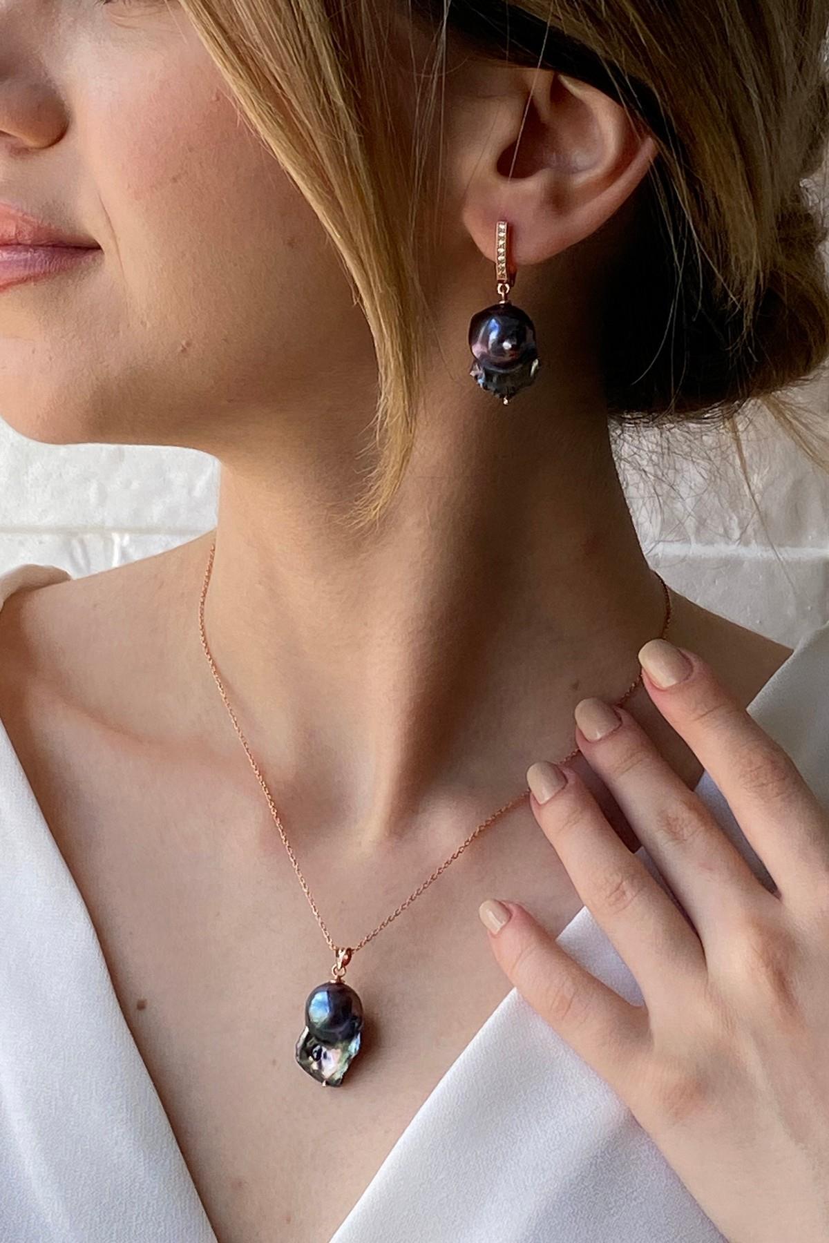 Siyah Barok İnci Kolye Küpe İkili Set