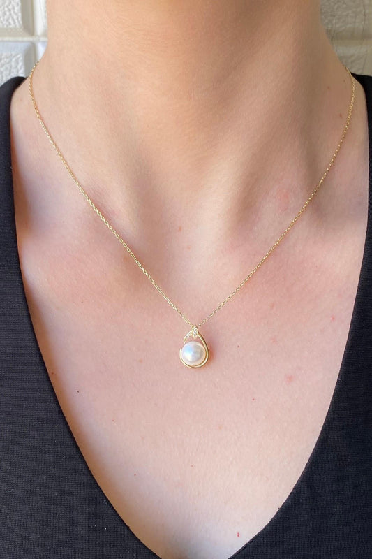 Zirkon Taşlı Damla Doğal İnci Kolye