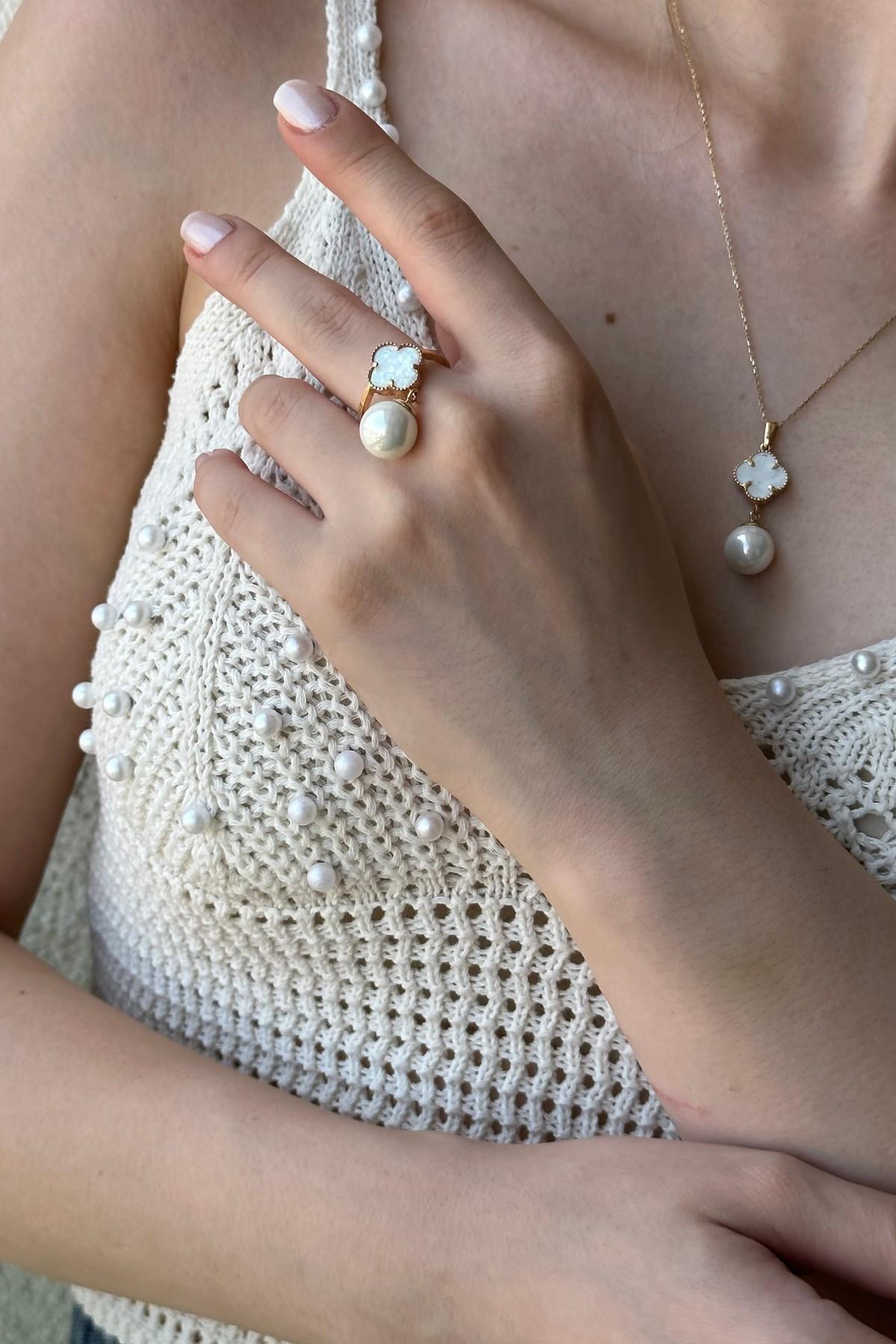 Doğal İnci Çiçek Motifli Yüzük