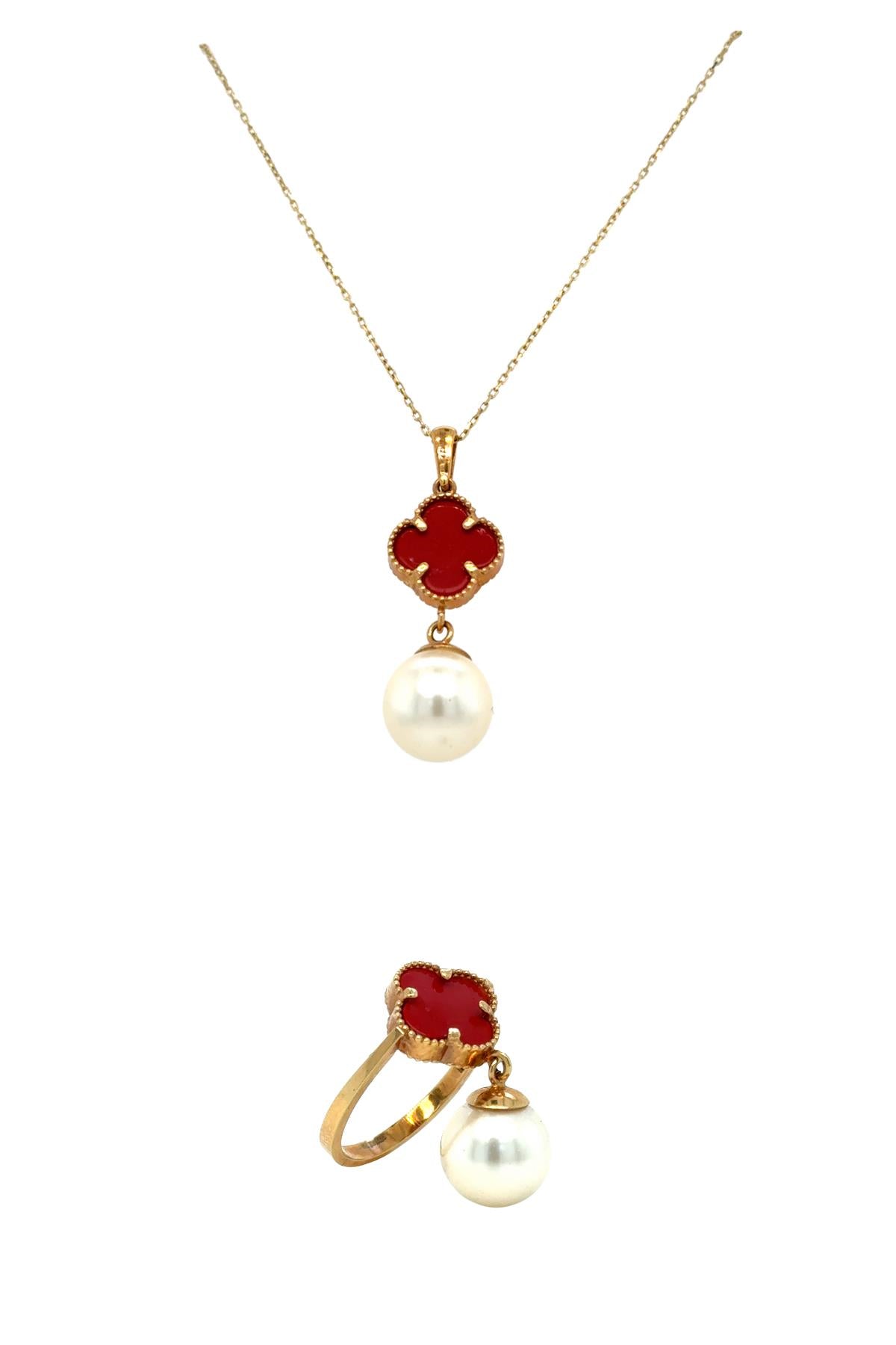 Doğal İncili Küpe Kolye Yüzük Üçlü Set