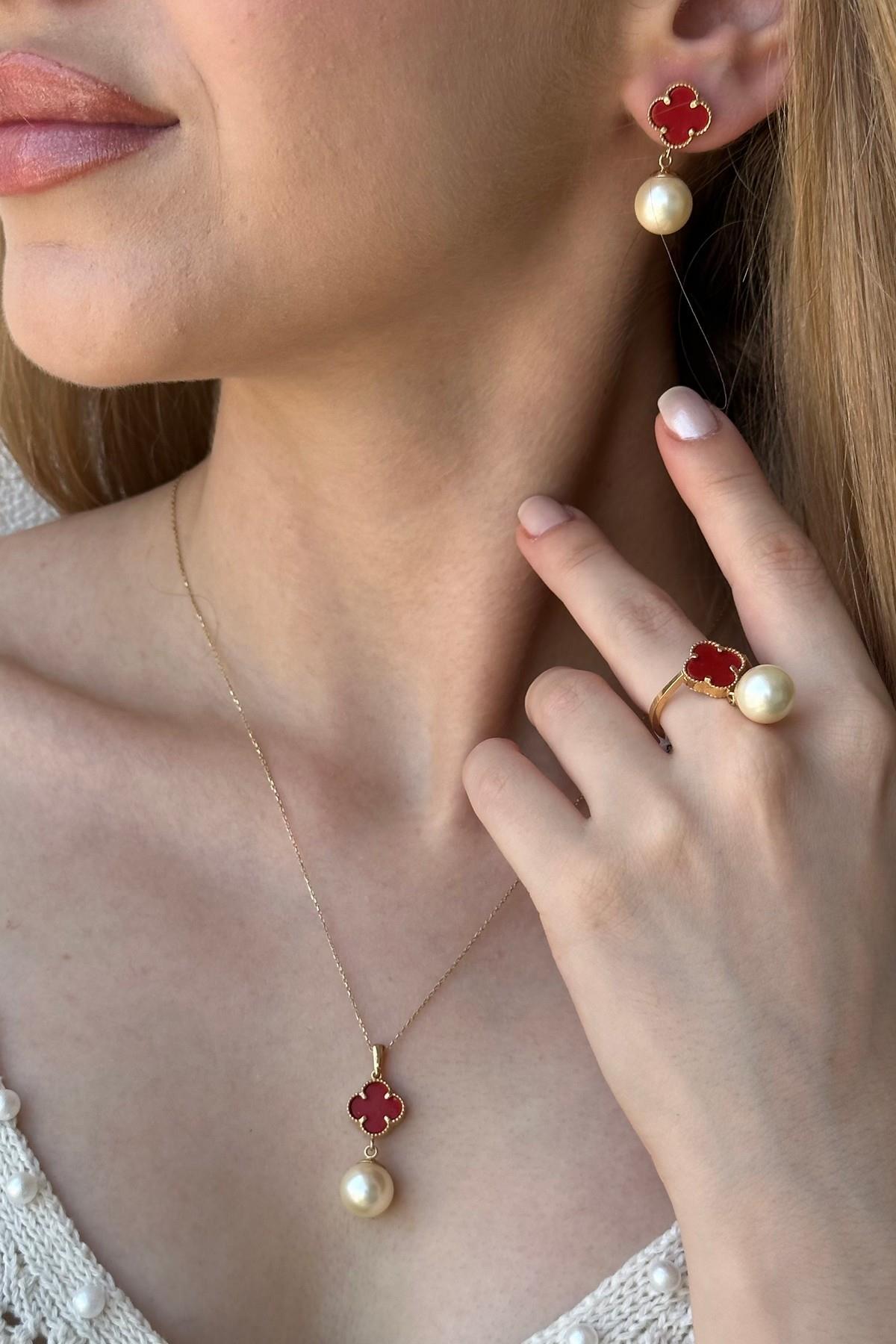 Doğal İncili Küpe Kolye Yüzük Üçlü Set