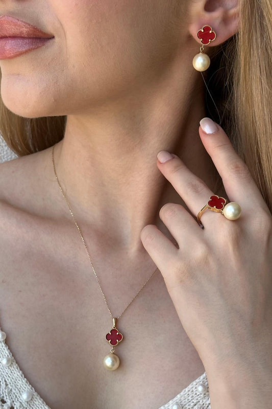 Doğal İncili Küpe Kolye Yüzük Üçlü Set