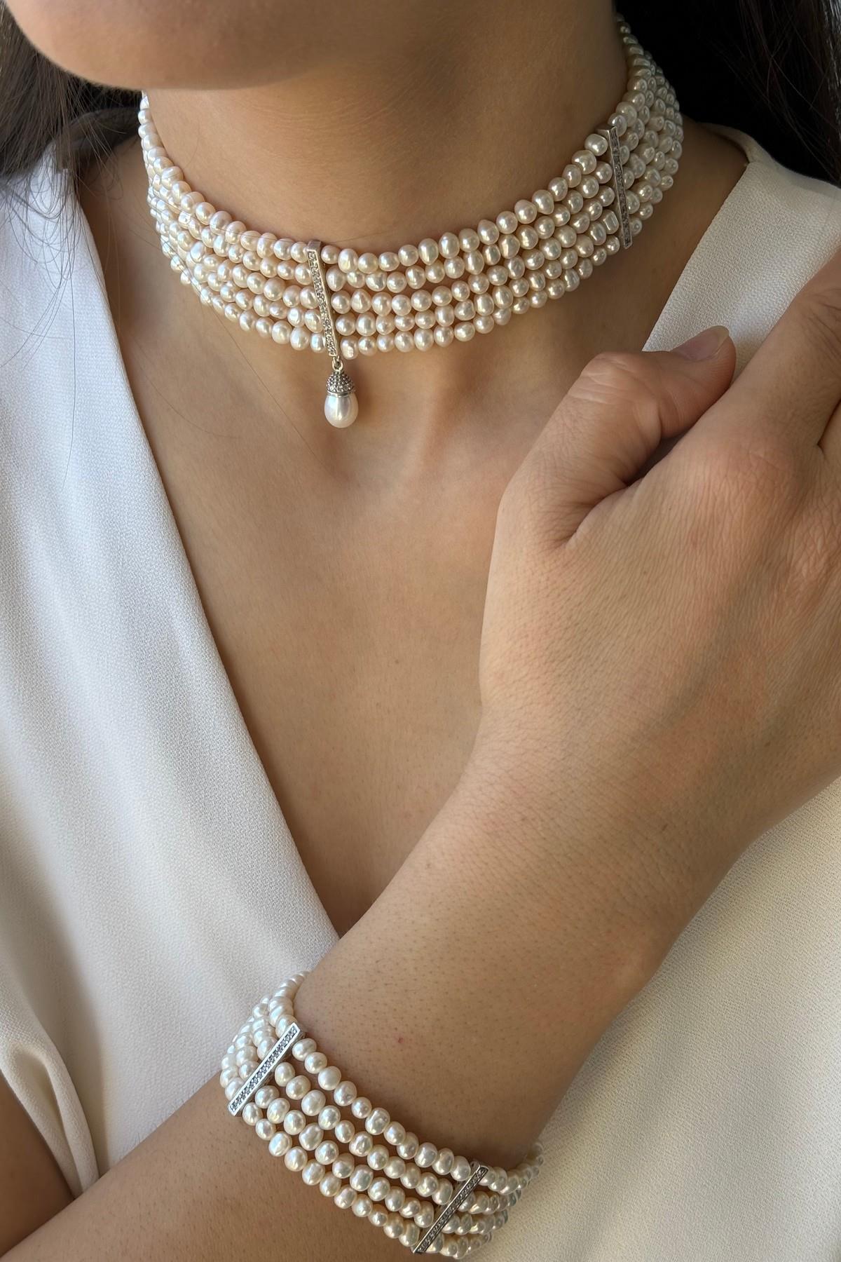 Zirkon Taşlı Doğal İnci 5 Sıra Kolye