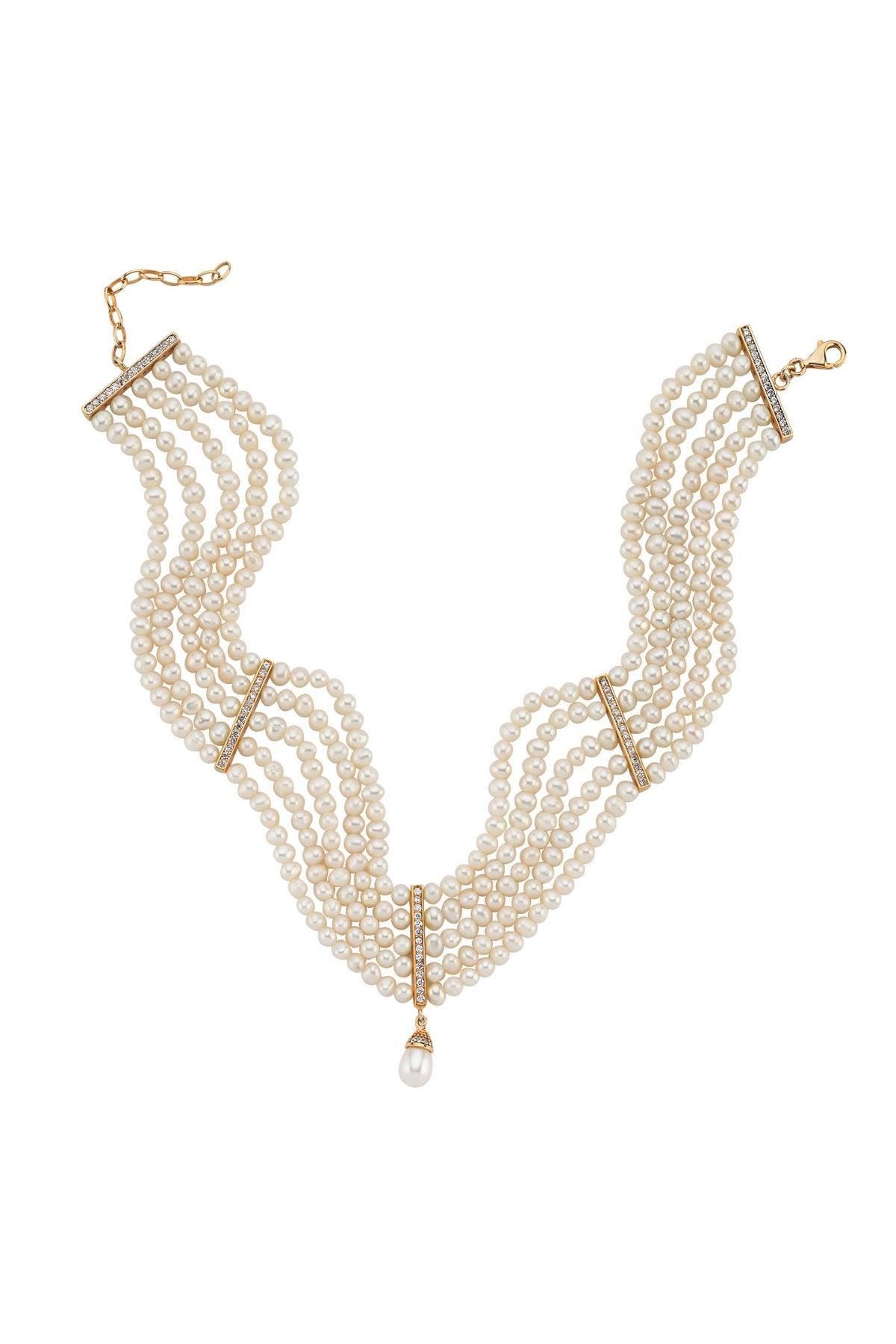 Zirkon Taşlı Doğal İnci 5 Sıra Kolye