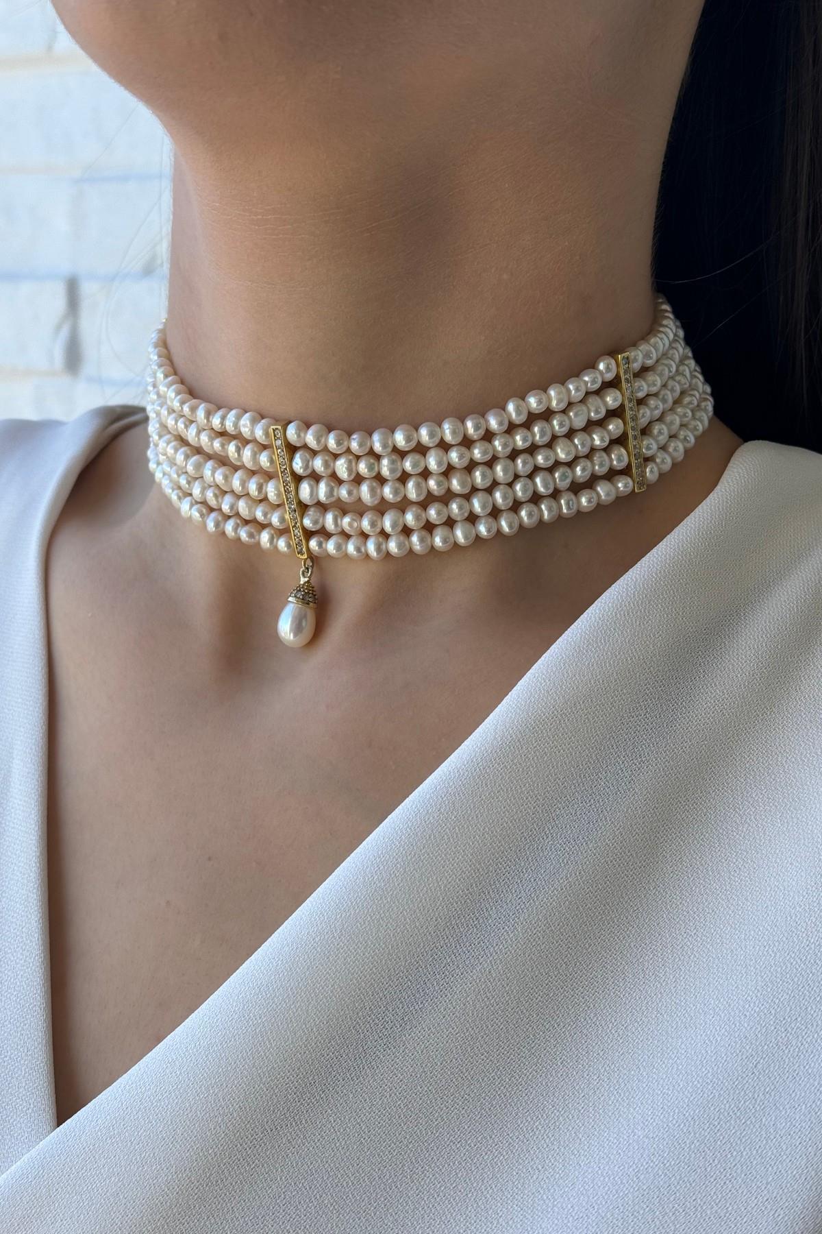 Zirkon Taşlı Doğal İnci 5 Sıra Kolye