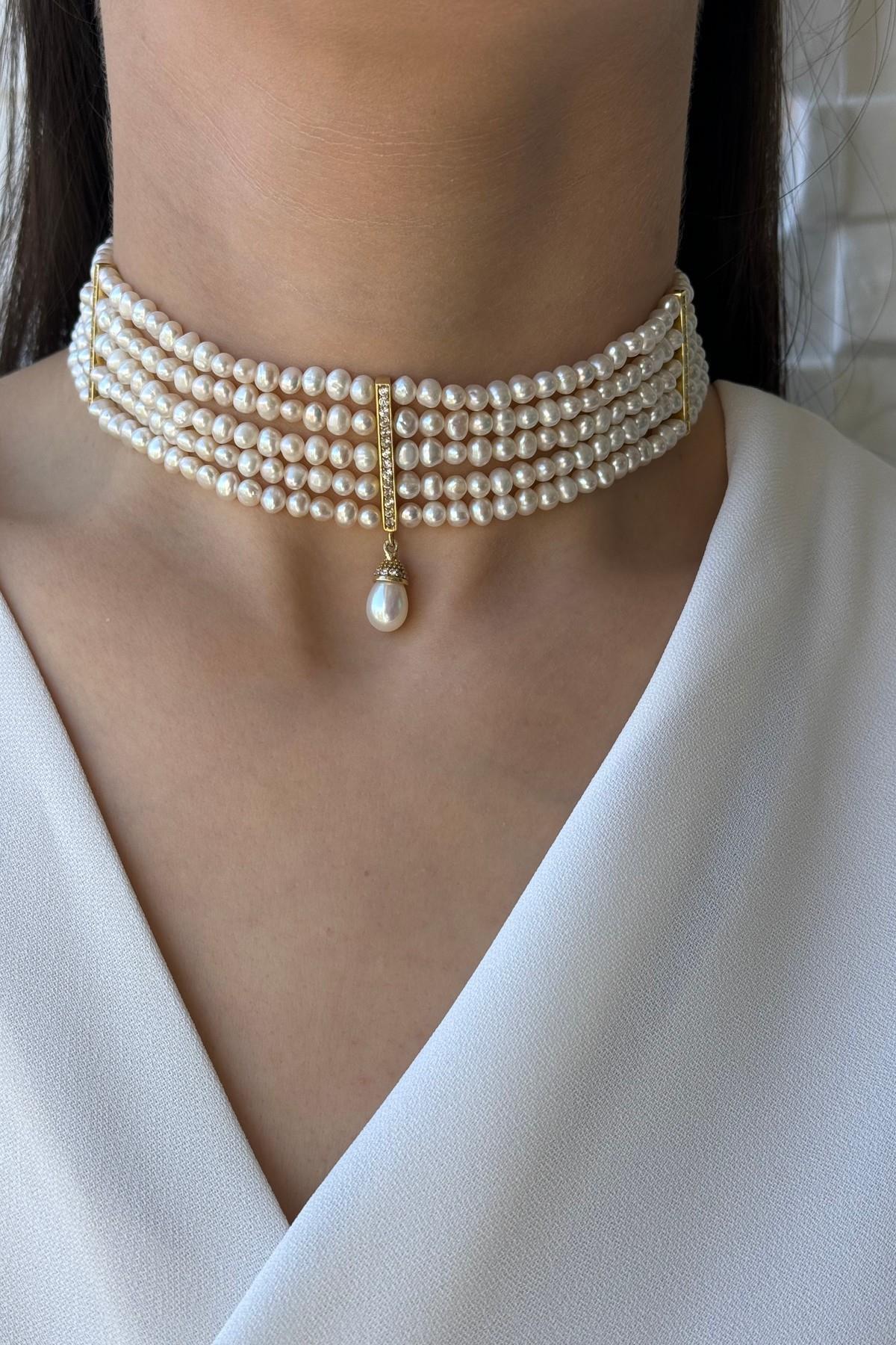 Zirkon Taşlı Doğal İnci 5 Sıra Kolye