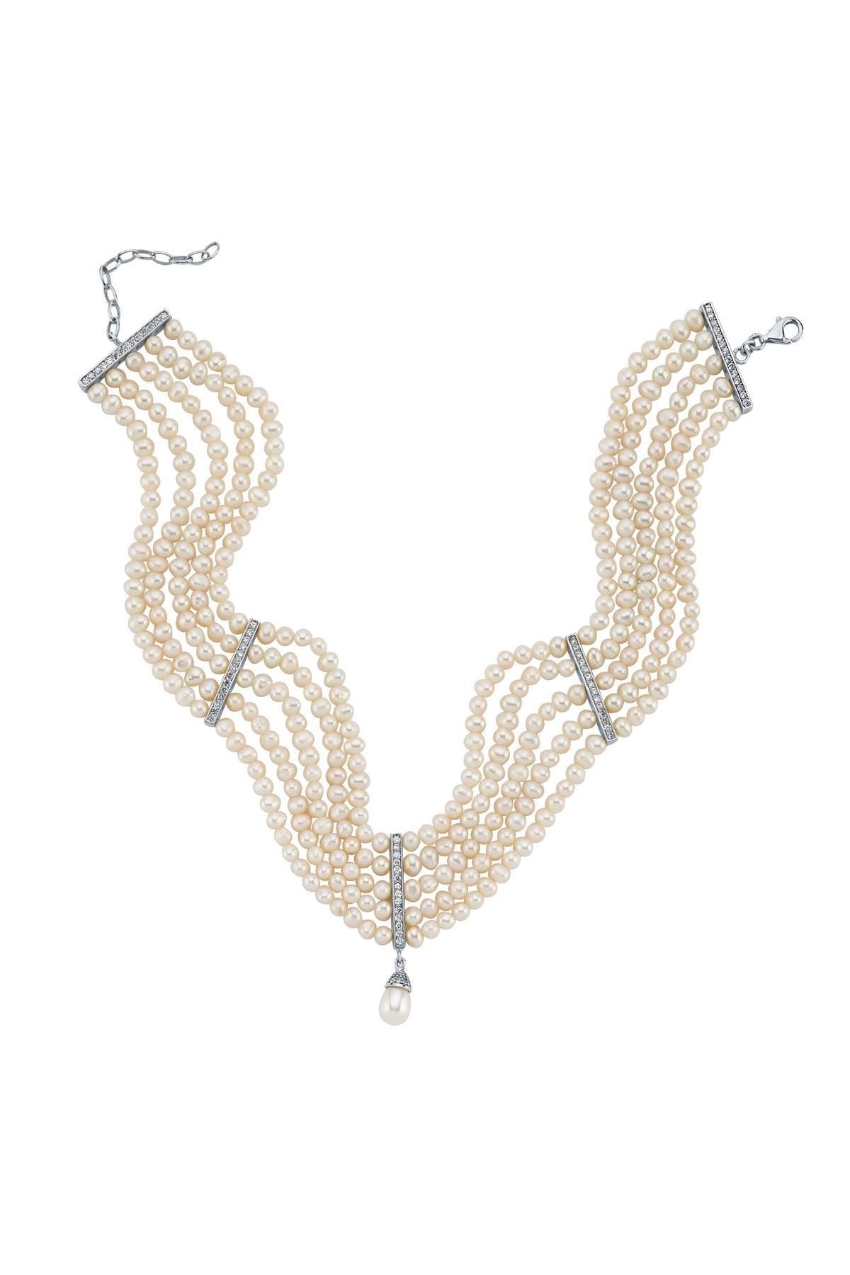 Zirkon Taşlı Doğal İnci 5 Sıra Kolye