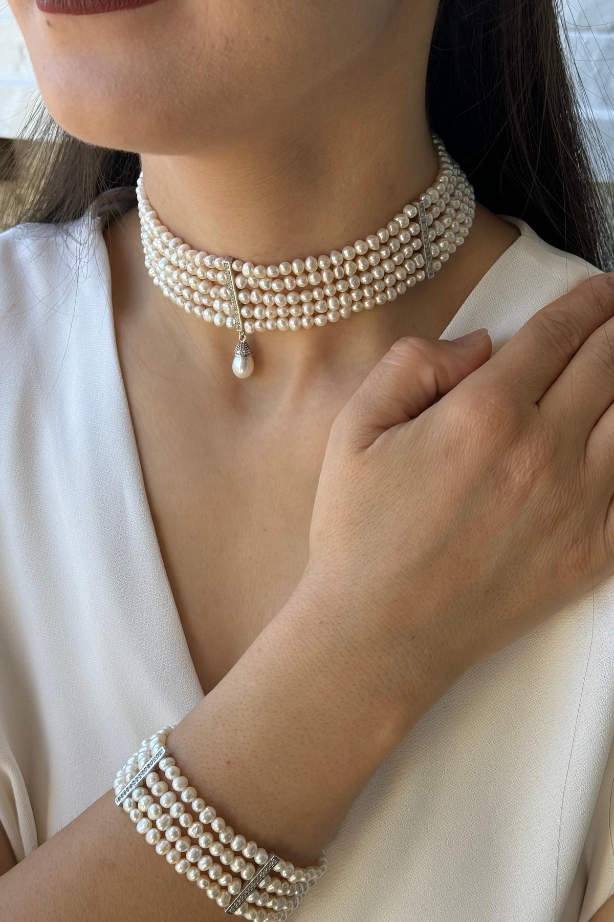 Zirkon Taşlı Doğal İnci 5 Sıra Kolye