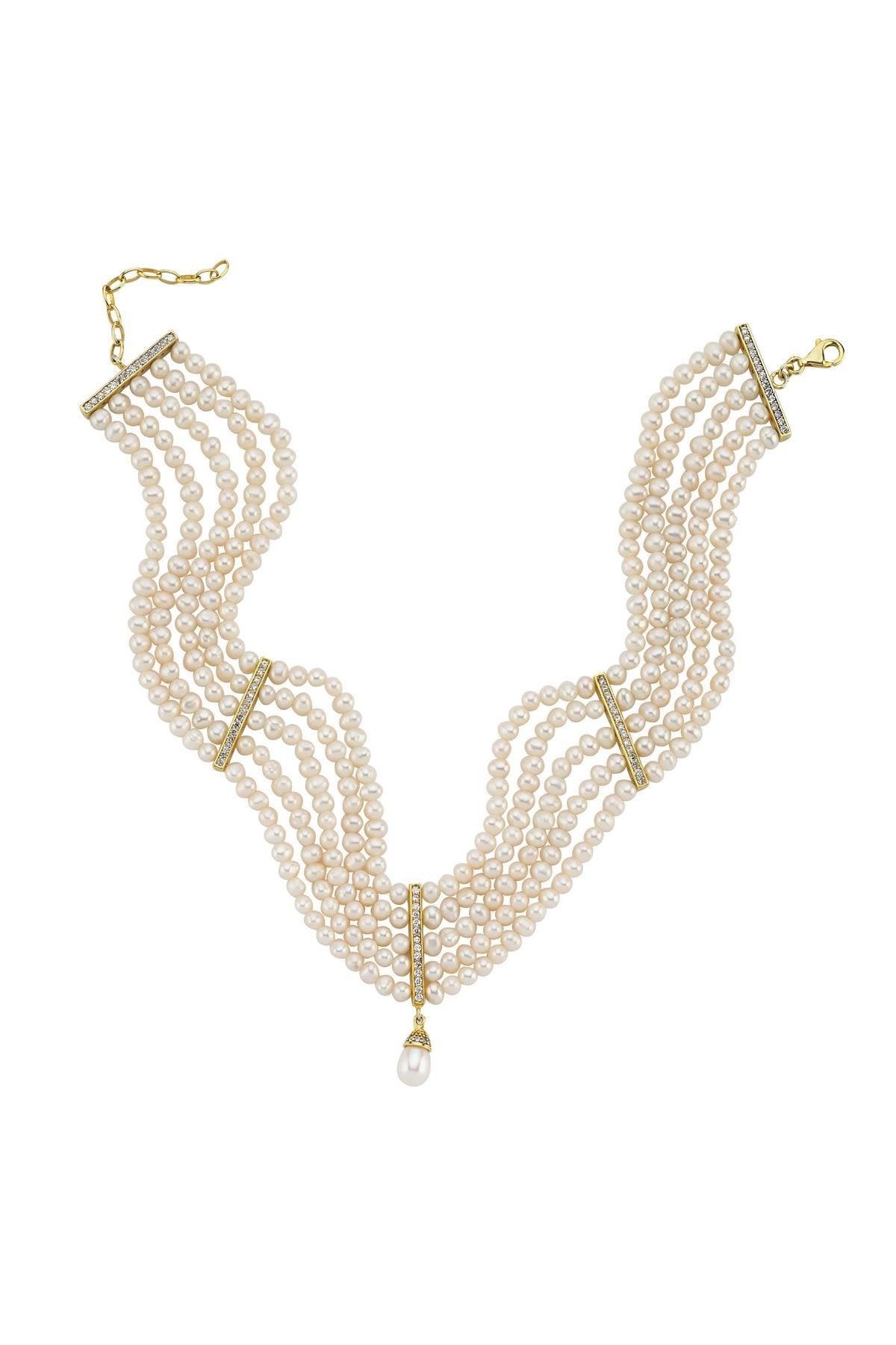 Zirkon Taşlı Doğal İnci 5 Sıra Kolye